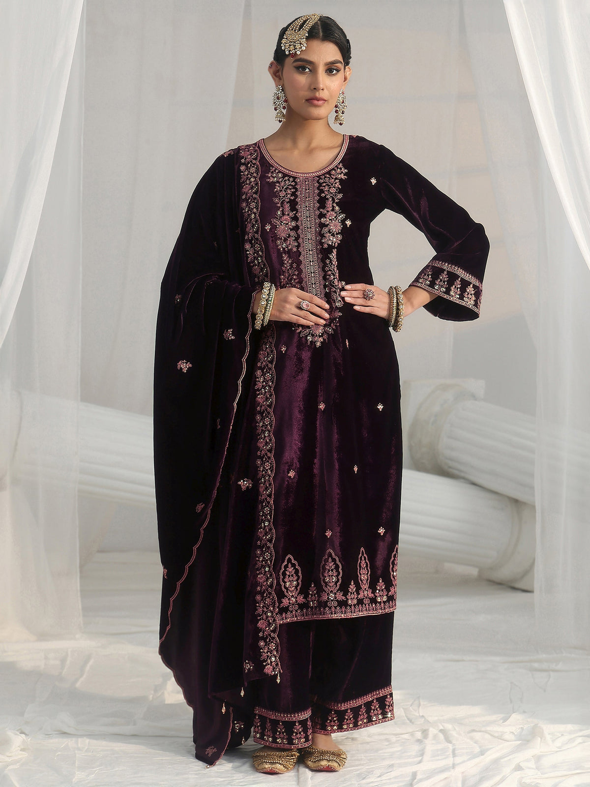 Anouk Deep Plum Purple Floral Embellished Velvet Straight Suit Set
