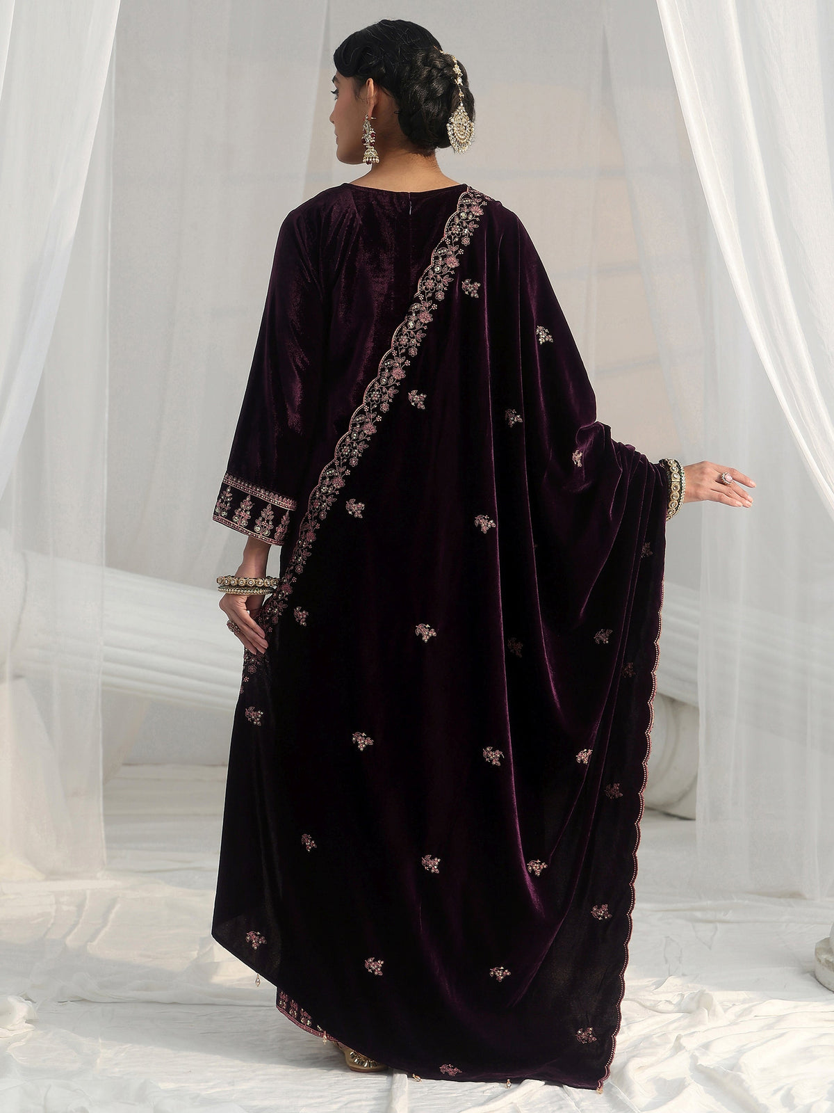 Anouk Deep Plum Purple Floral Embellished Velvet Straight Suit Set
