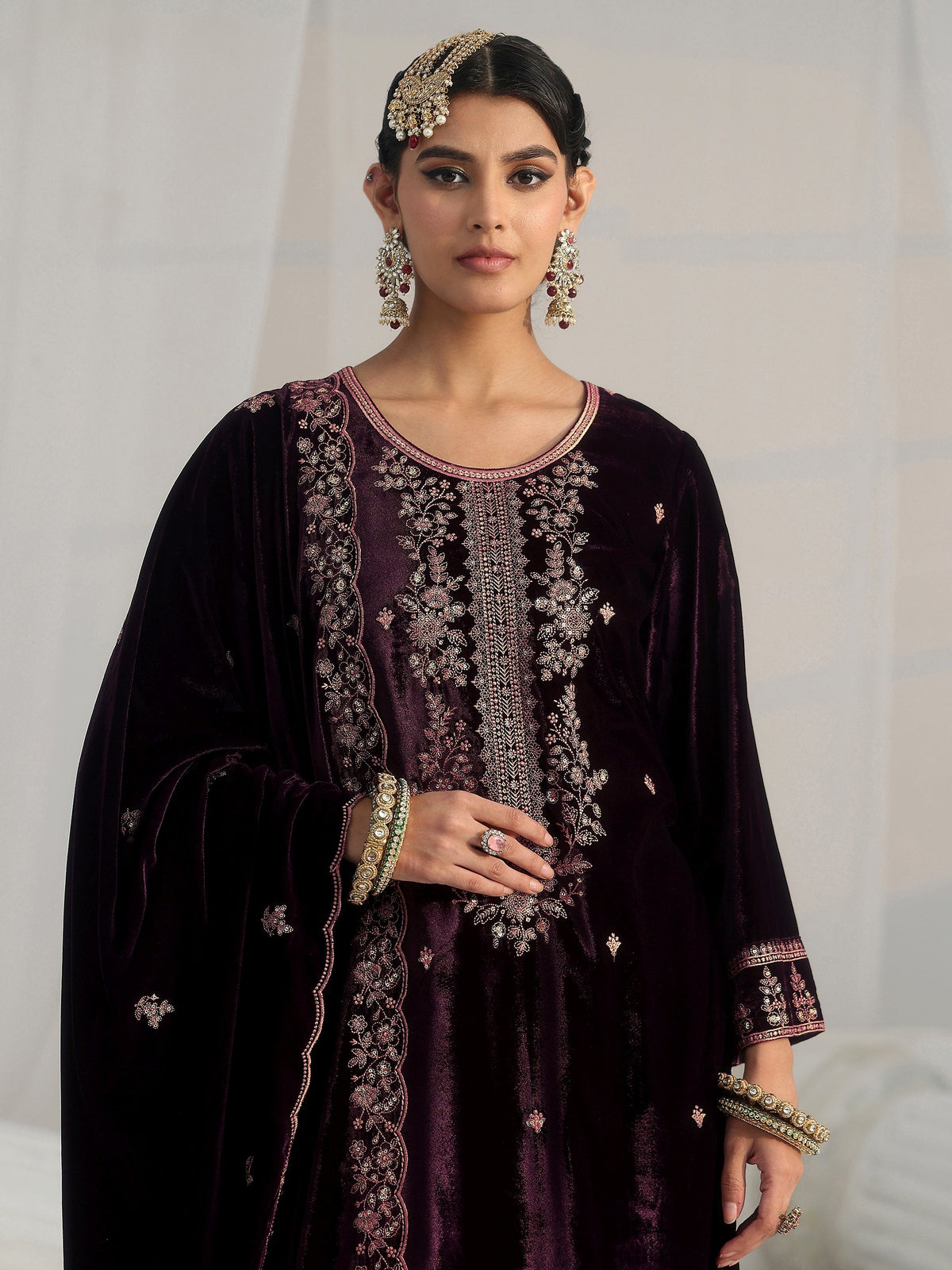 Anouk Deep Plum Purple Floral Embellished Velvet Straight Suit Set