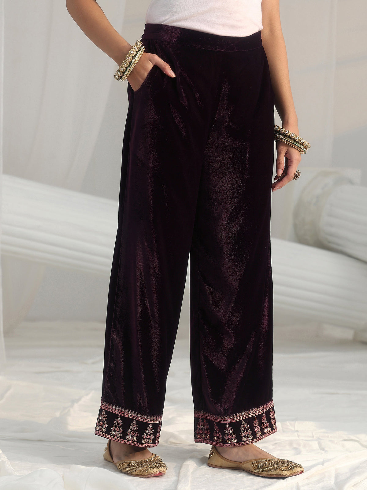 Anouk Deep Plum Purple Floral Embellished Velvet Straight Suit Set
