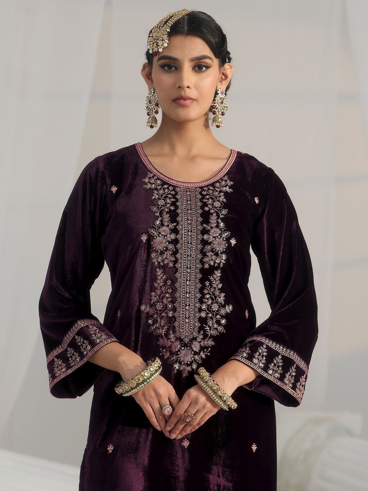Anouk Deep Plum Purple Floral Embellished Velvet Straight Suit Set