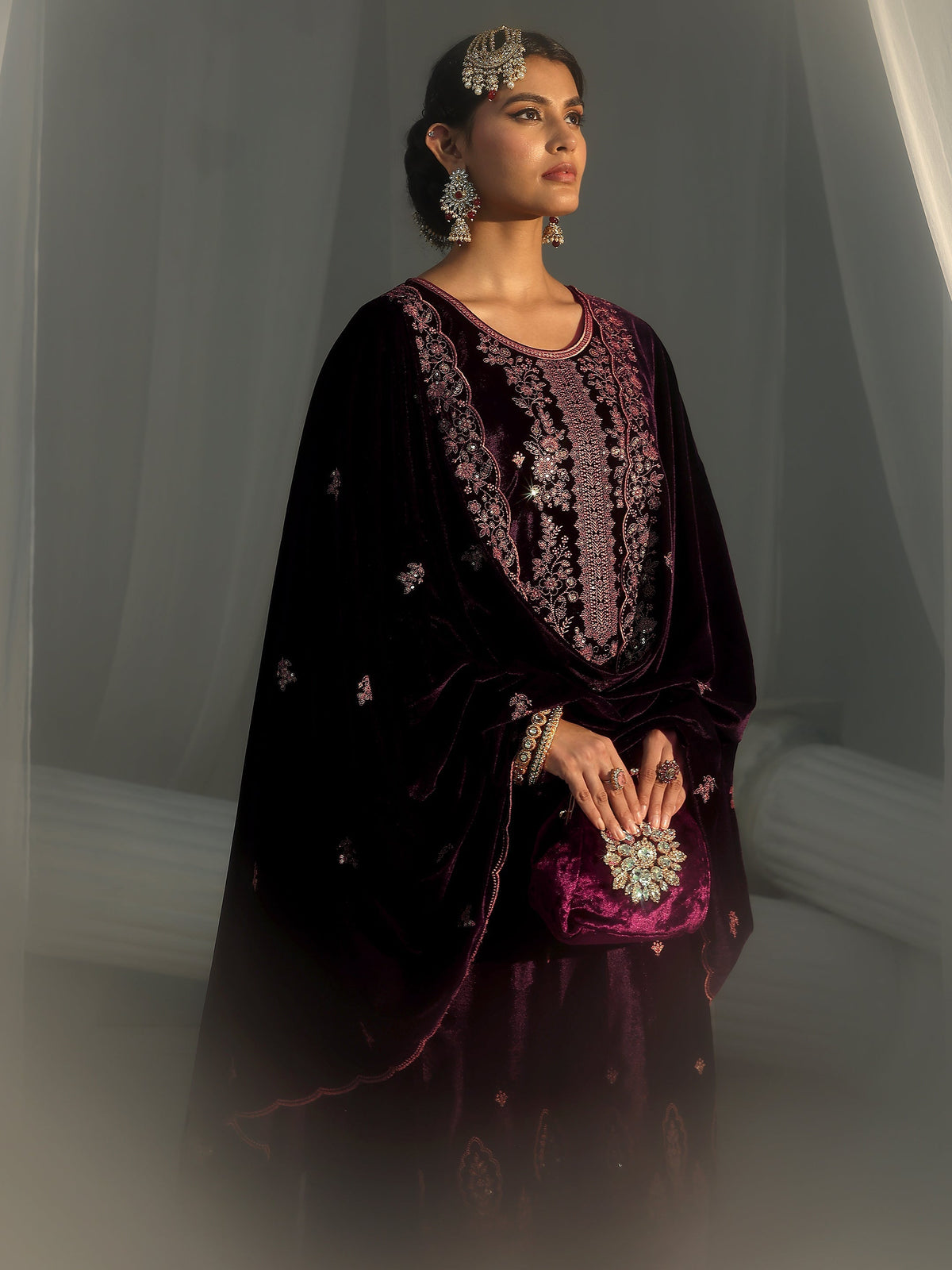 Anouk Deep Plum Purple Floral Embellished Velvet Straight Suit Set