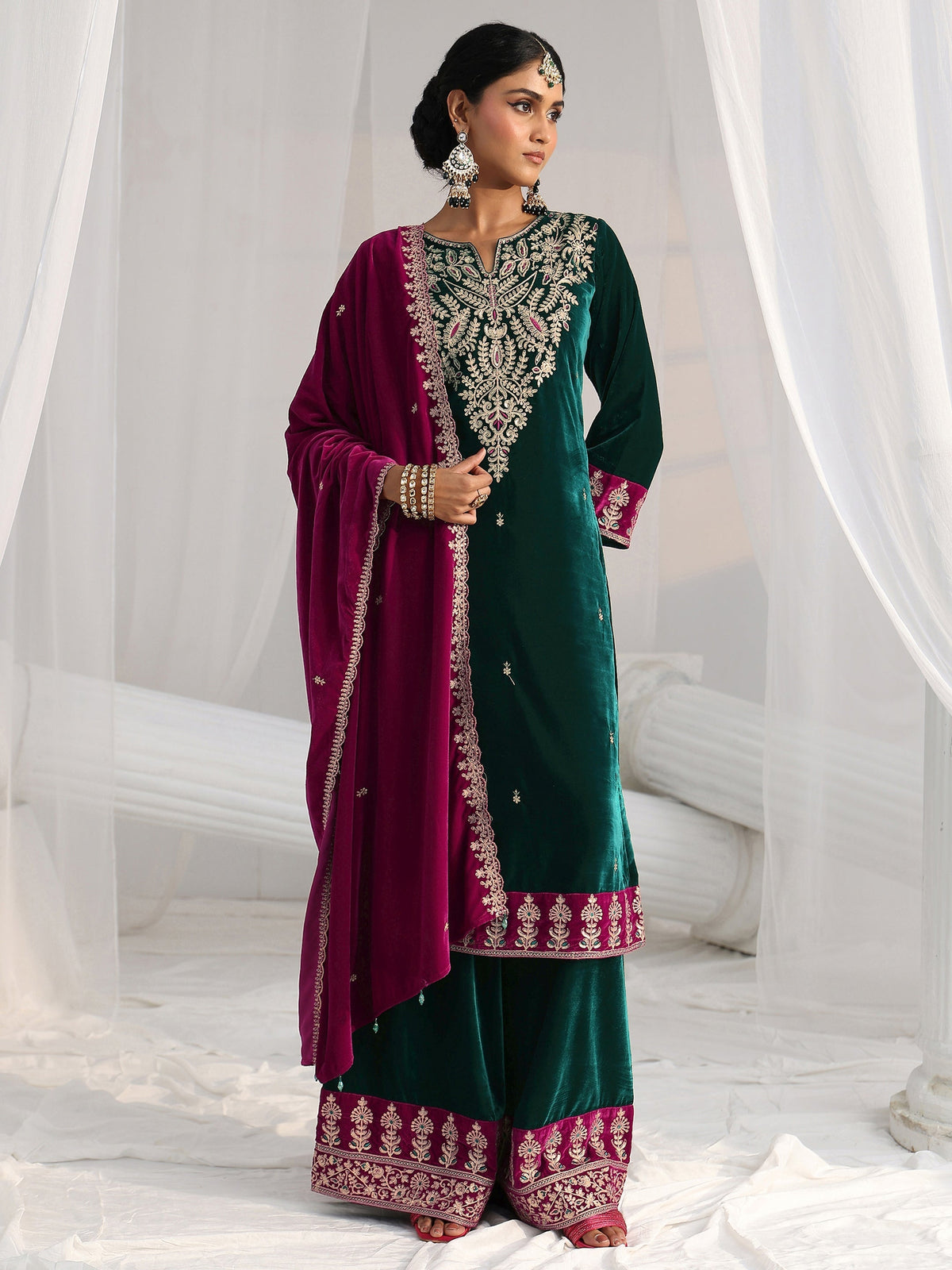 Anouk Teal Green Yoke Design Velvet Straight Suit Set