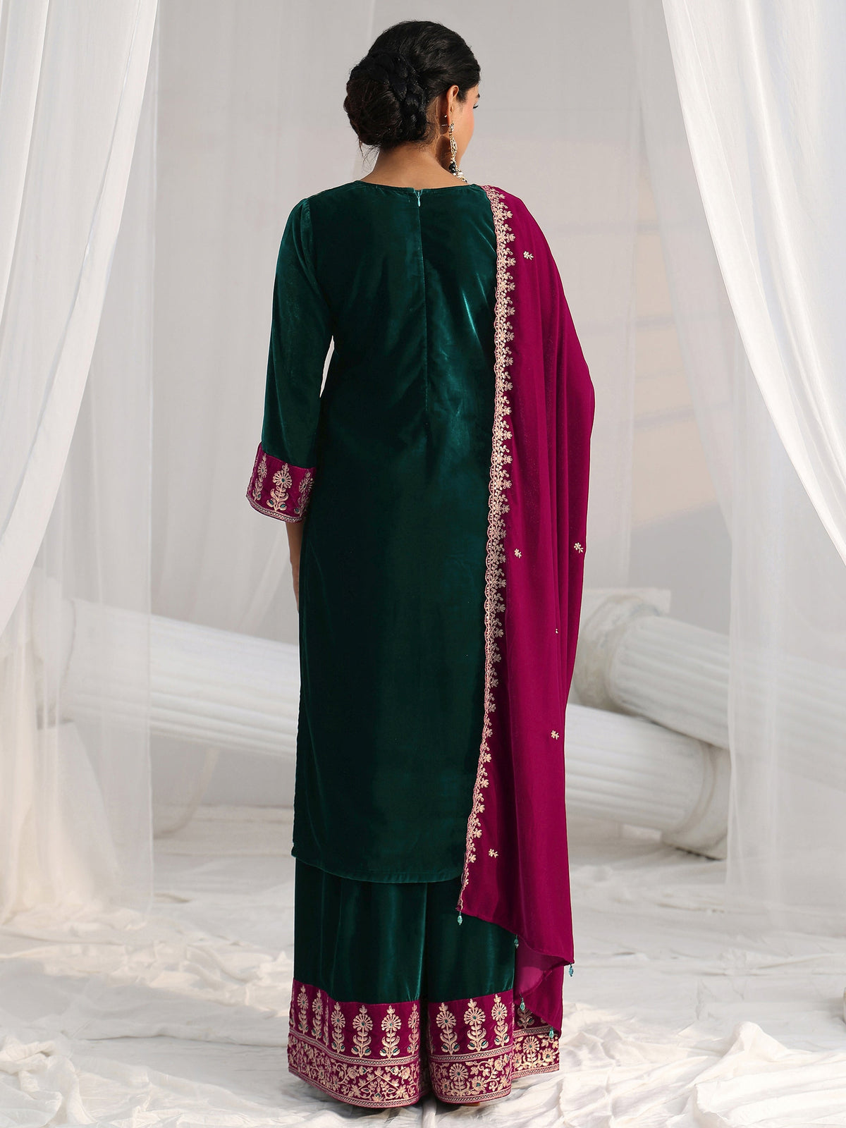 Anouk Teal Green Yoke Design Velvet Straight Suit Set