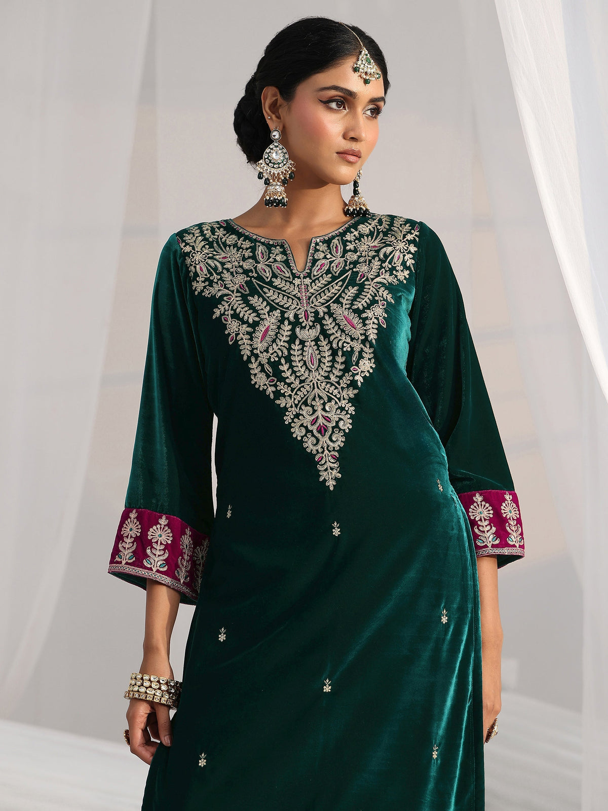 Anouk Teal Green Yoke Design Velvet Straight Suit Set