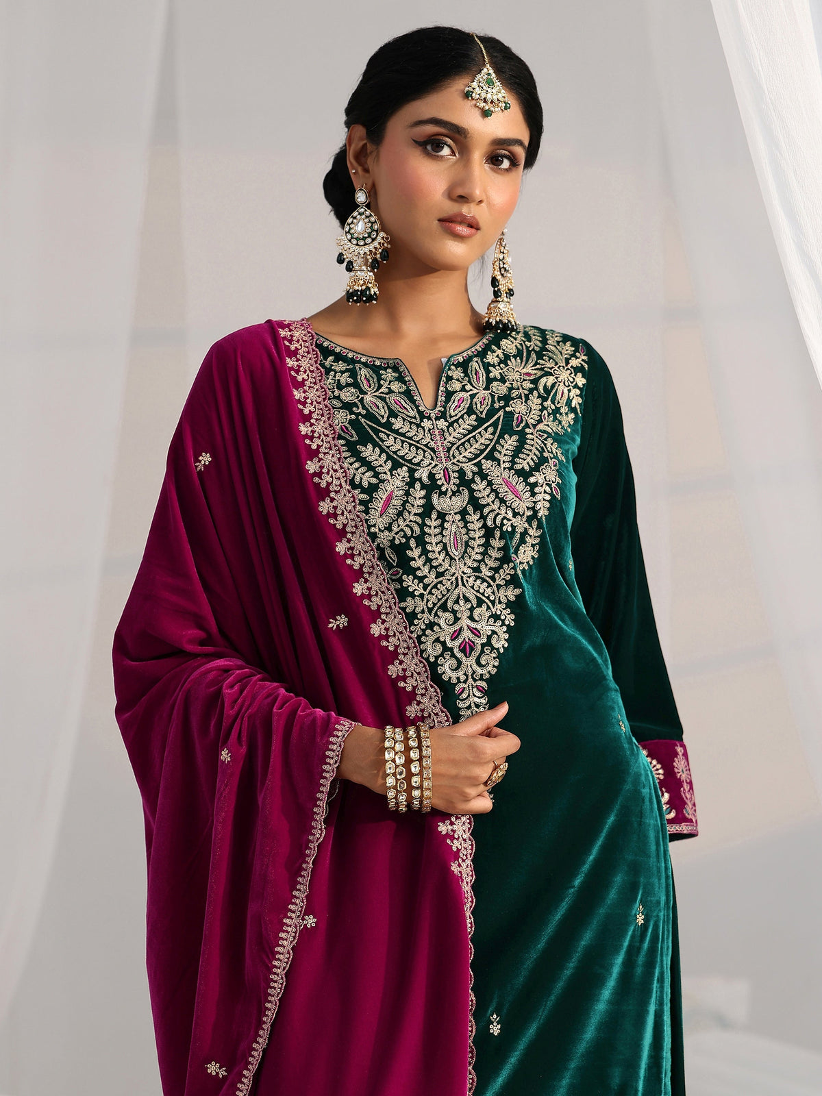 Anouk Teal Green Yoke Design Velvet Straight Suit Set