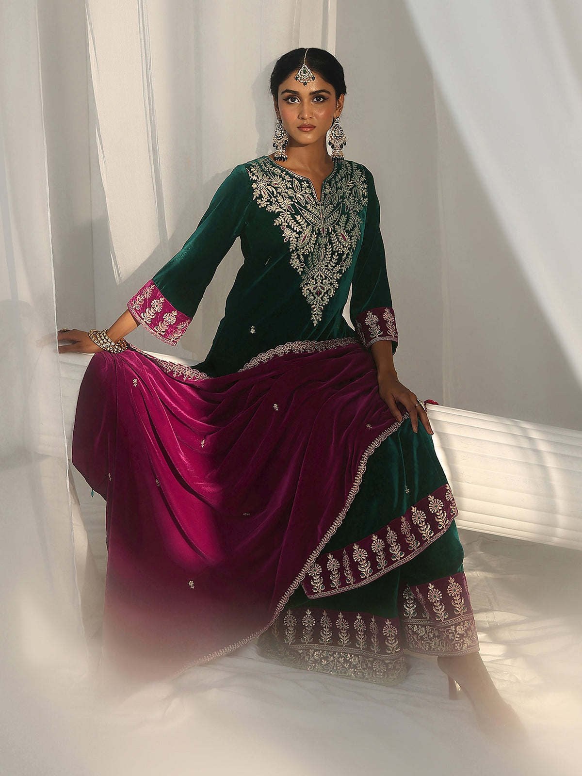 Anouk Teal Green Yoke Design Velvet Straight Suit Set