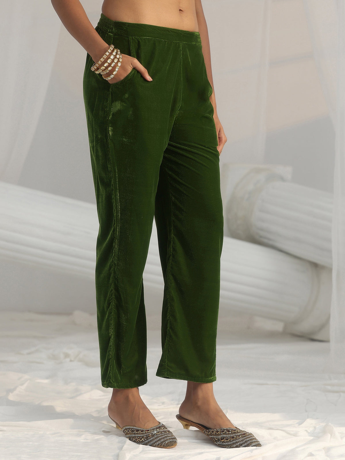 Anouk Emerald Green Ethnic Embroidered Velvet Straight Suit Set