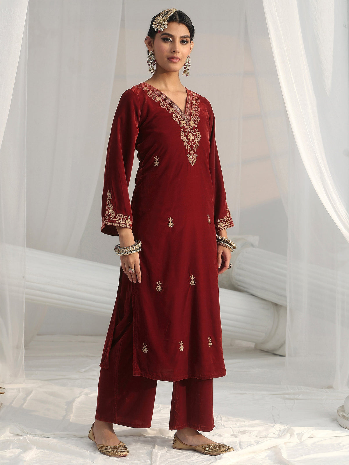 Anouk Rust Brown Foral Embroidered Velvet Straight Suit Set