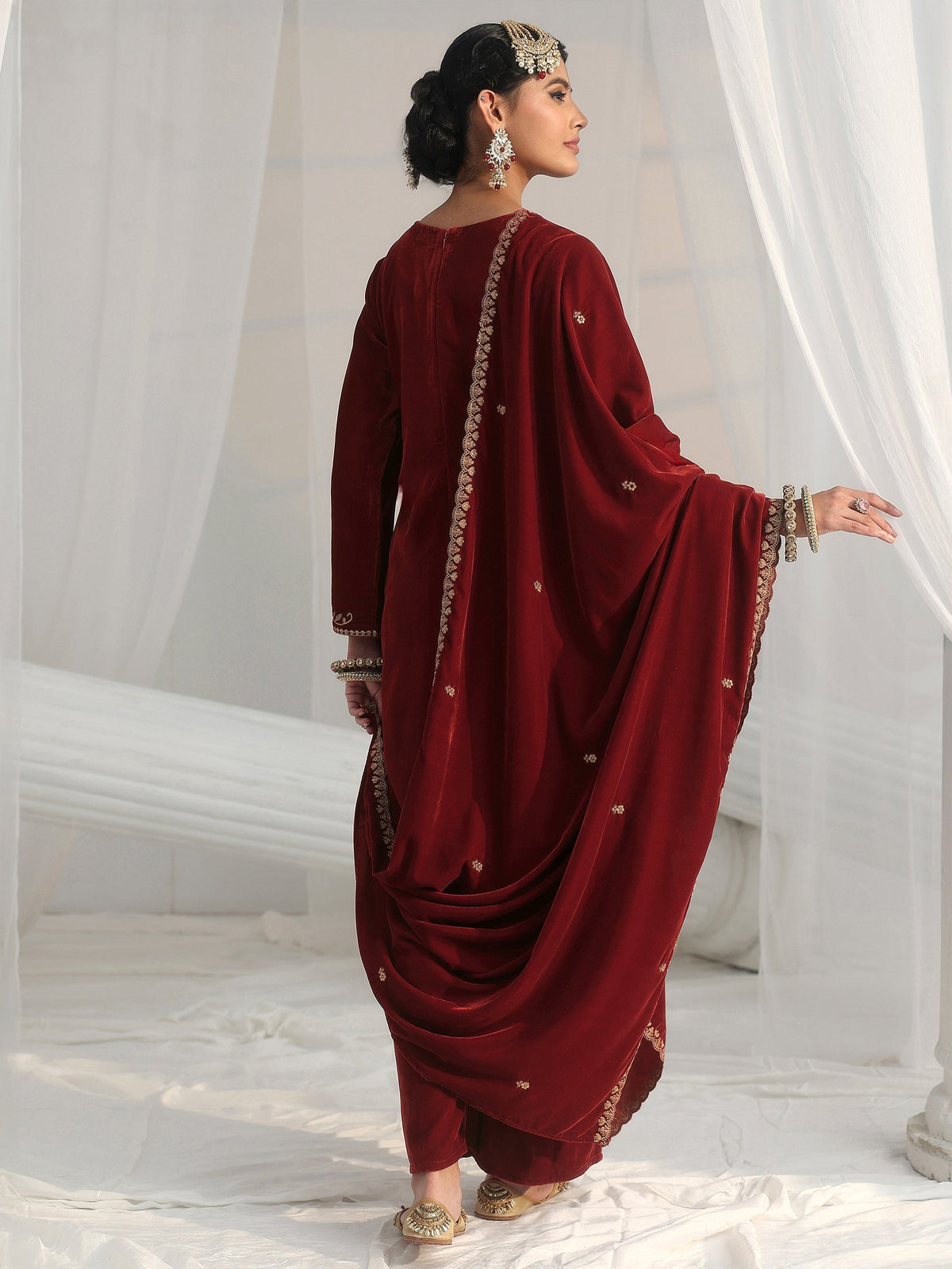 Anouk Rust Brown Foral Embroidered Velvet Straight Suit Set
