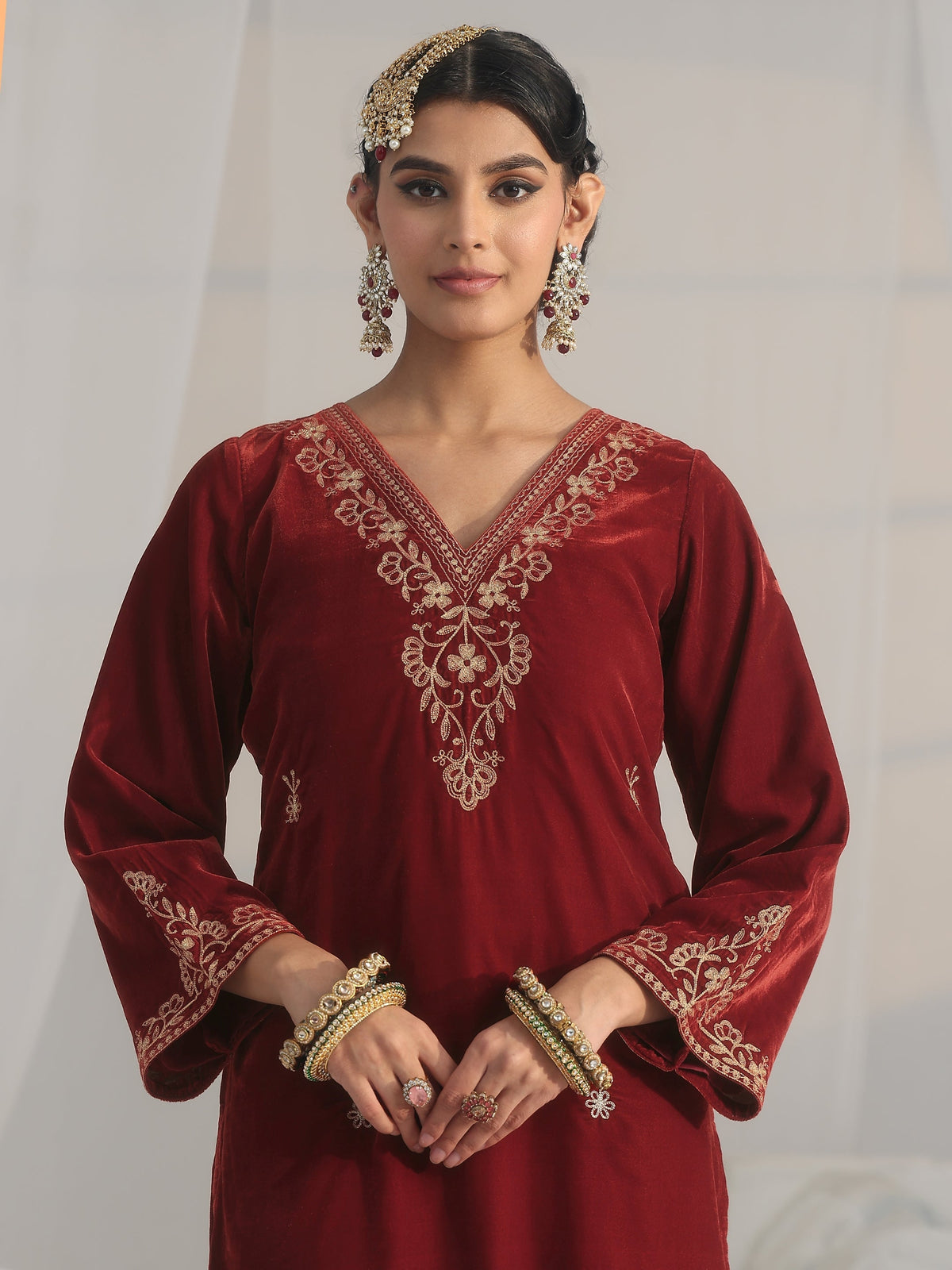 Anouk Rust Brown Foral Embroidered Velvet Straight Suit Set