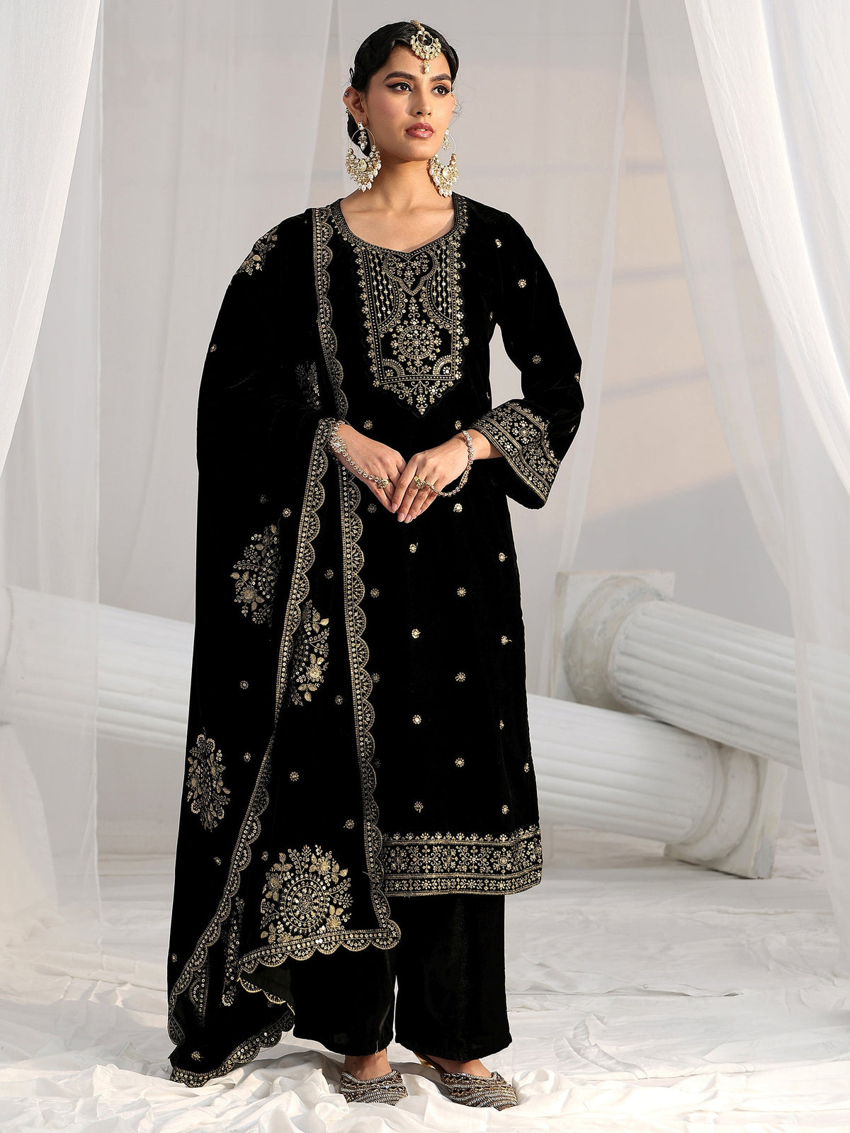 Anouk Black Embroidered Velvet Straight Suit Set
