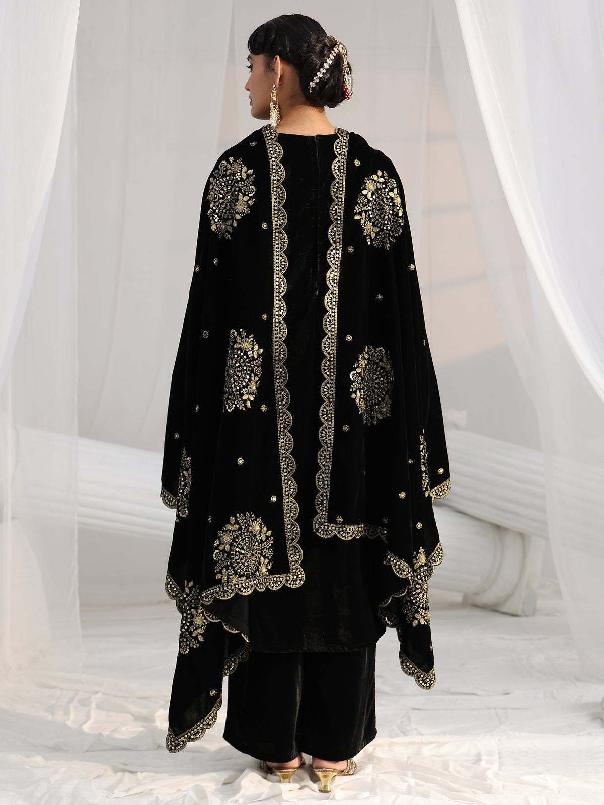 Anouk Black Embroidered Velvet Straight Suit Set