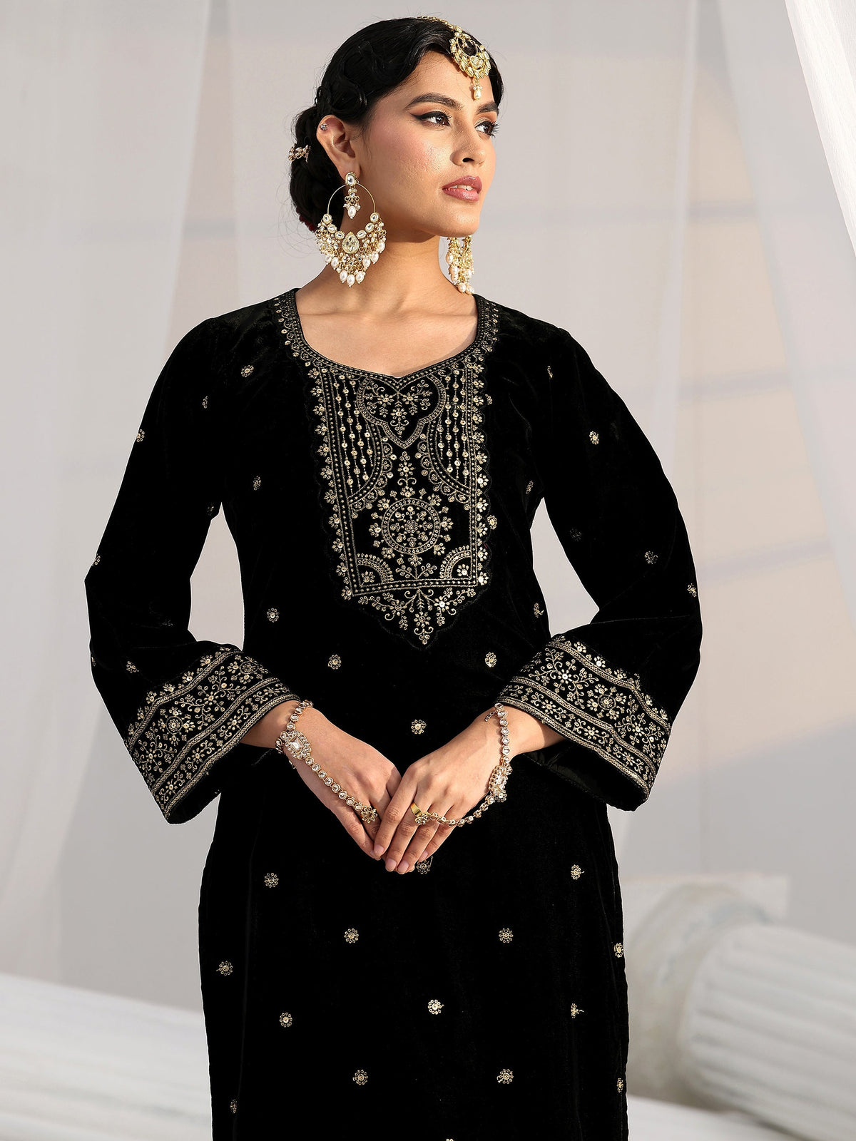 Anouk Black Embroidered Velvet Straight Suit Set