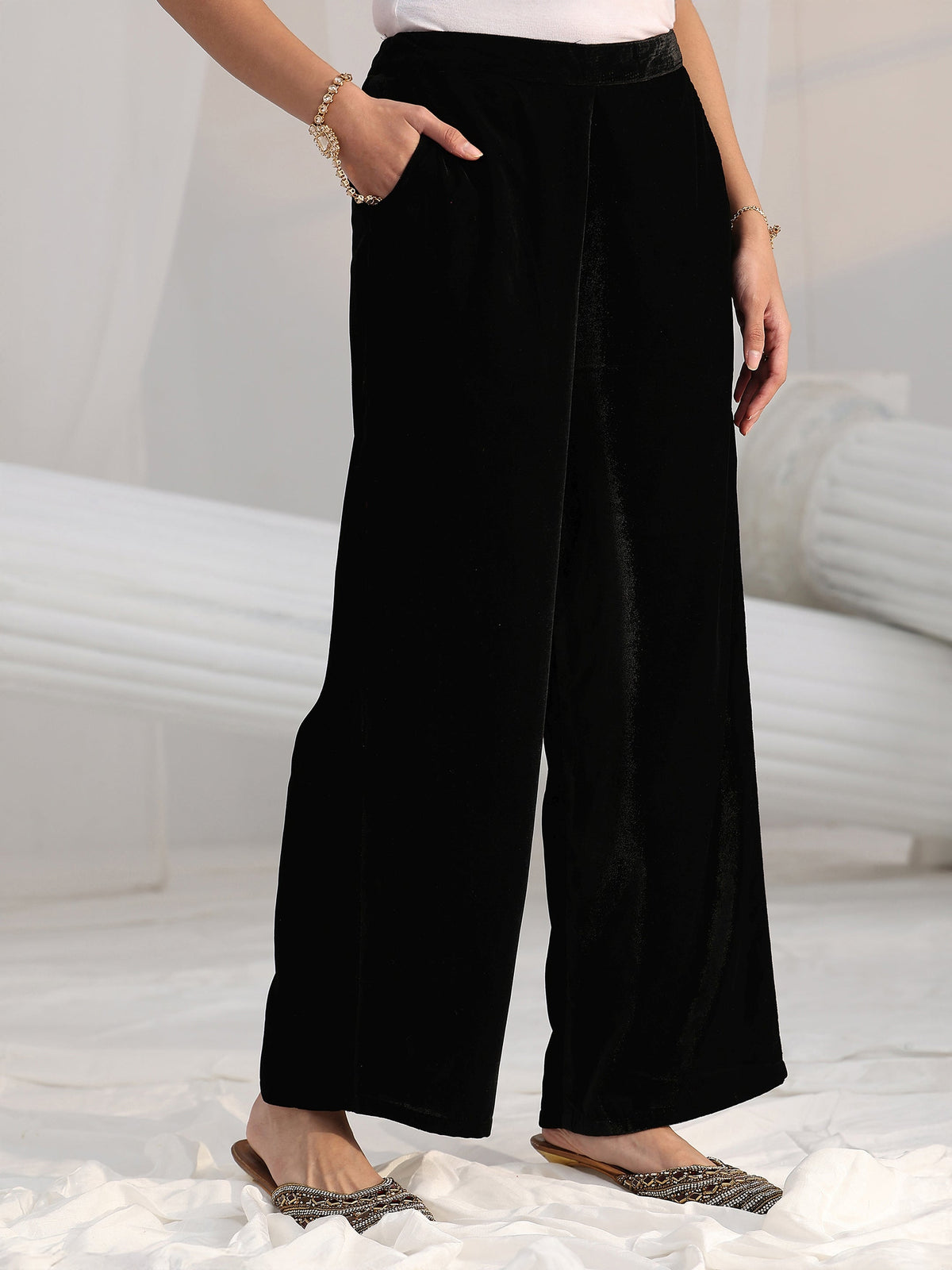 Anouk Black Embroidered Velvet Straight Suit Set