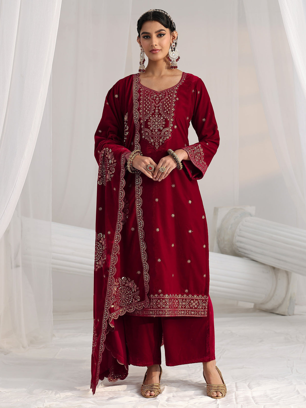 Anouk Red Floral Embellished Velvet Straight Suit Set