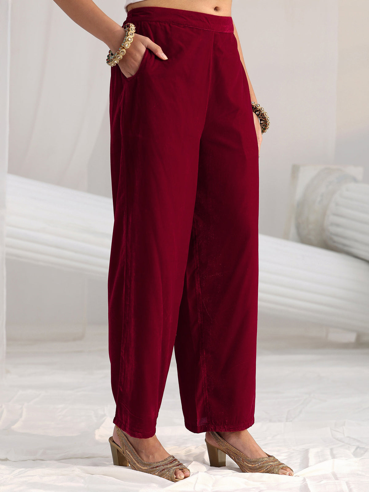 Anouk Red Floral Embellished Velvet Straight Suit Set