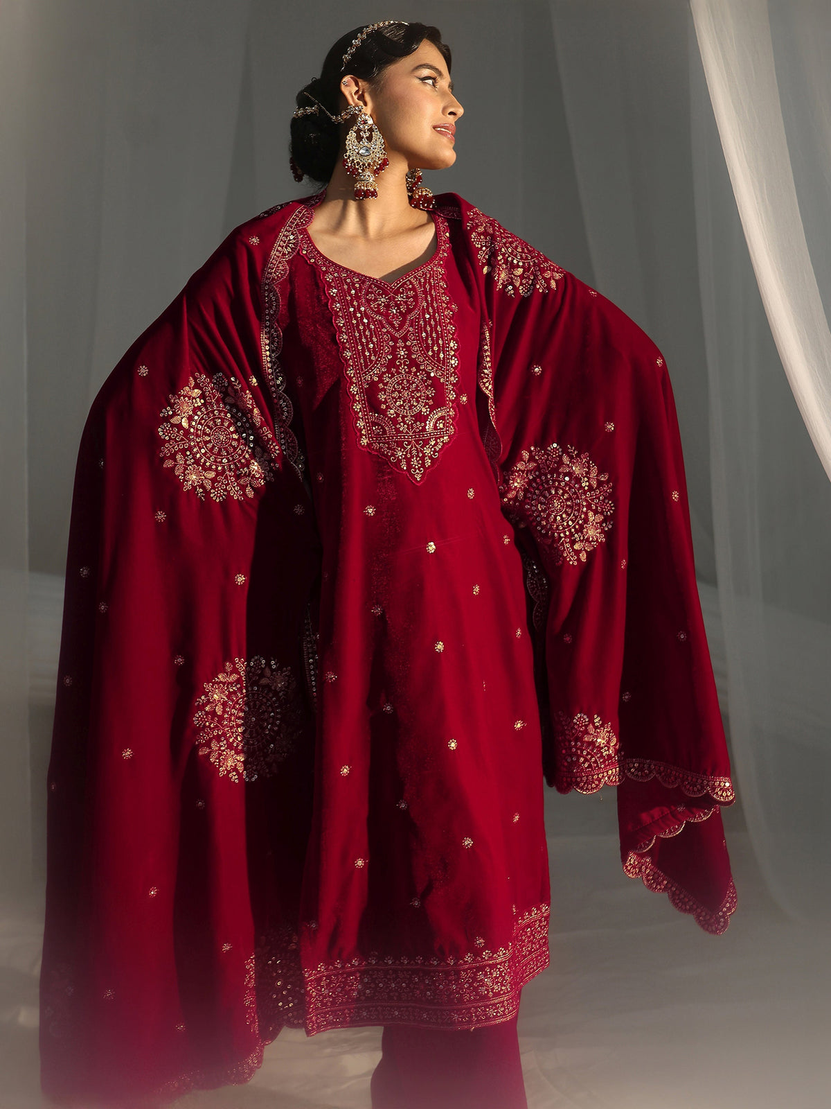 Anouk Red Floral Embellished Velvet Straight Suit Set