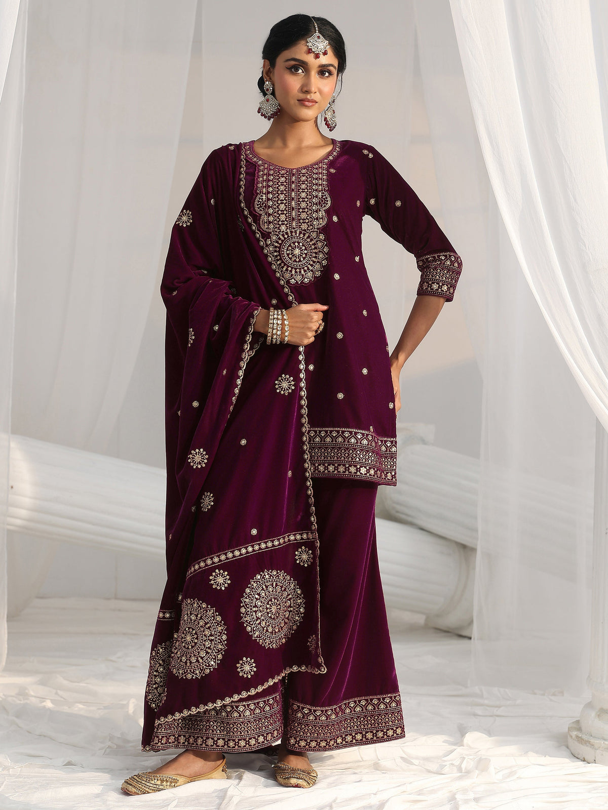 Anouk Maroon Embellished Velvet Straight Suit Set