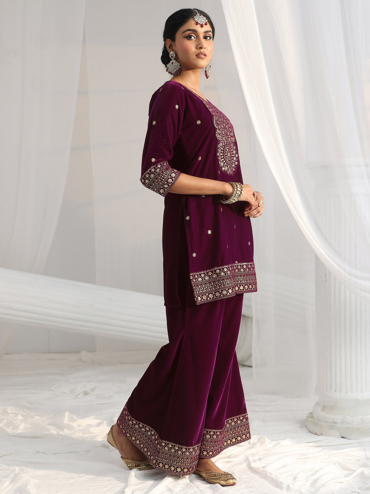 Anouk Maroon Embellished Velvet Straight Suit Set
