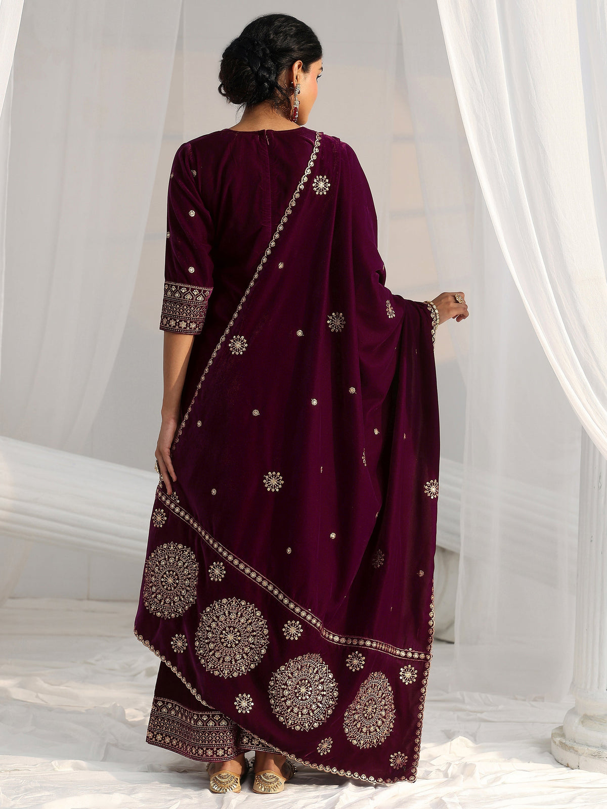 Anouk Maroon Embellished Velvet Straight Suit Set
