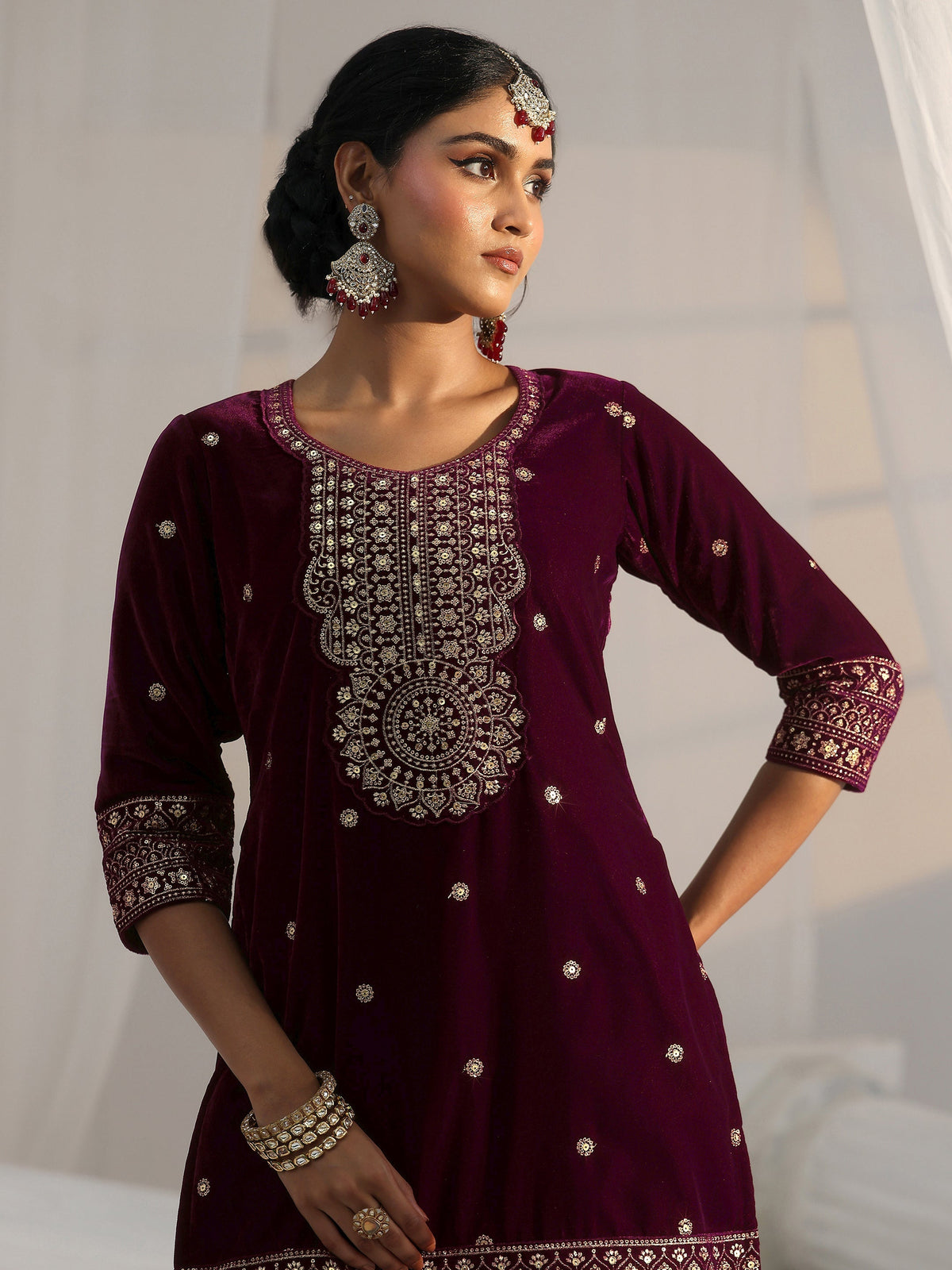 Anouk Maroon Embellished Velvet Straight Suit Set