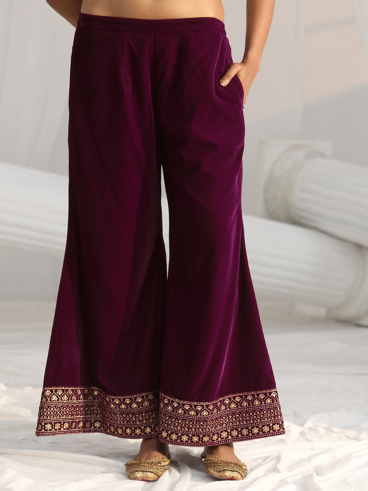 Anouk Maroon Embellished Velvet Straight Suit Set