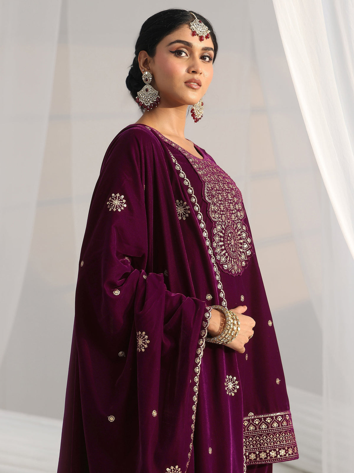 Anouk Maroon Embellished Velvet Straight Suit Set