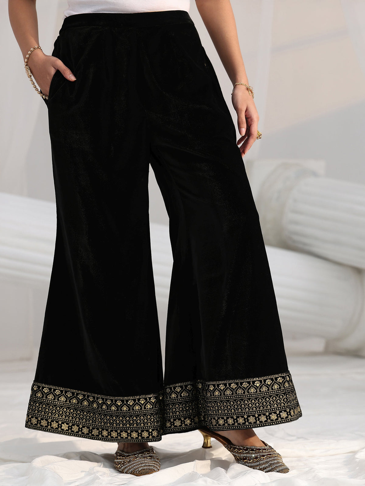 Anouk Black Embellished Velvet Straight Suit Set
