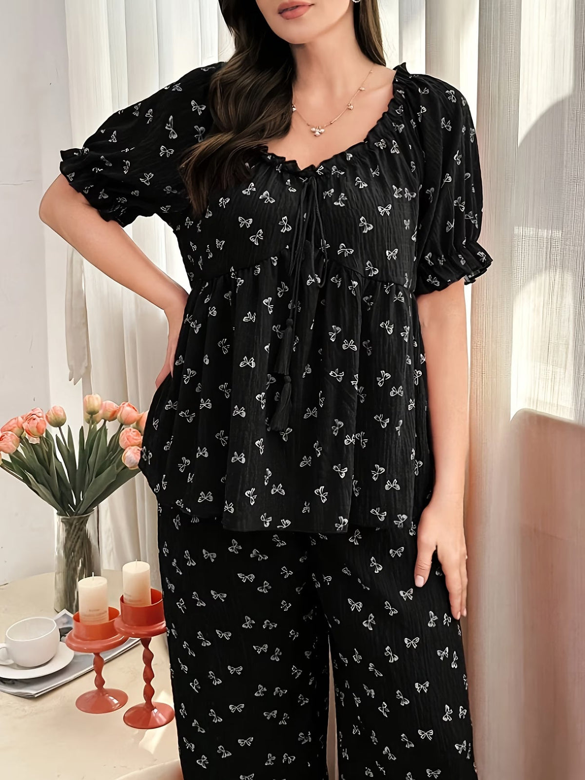 Chic Bow Print Lounge Co-Ord Set
