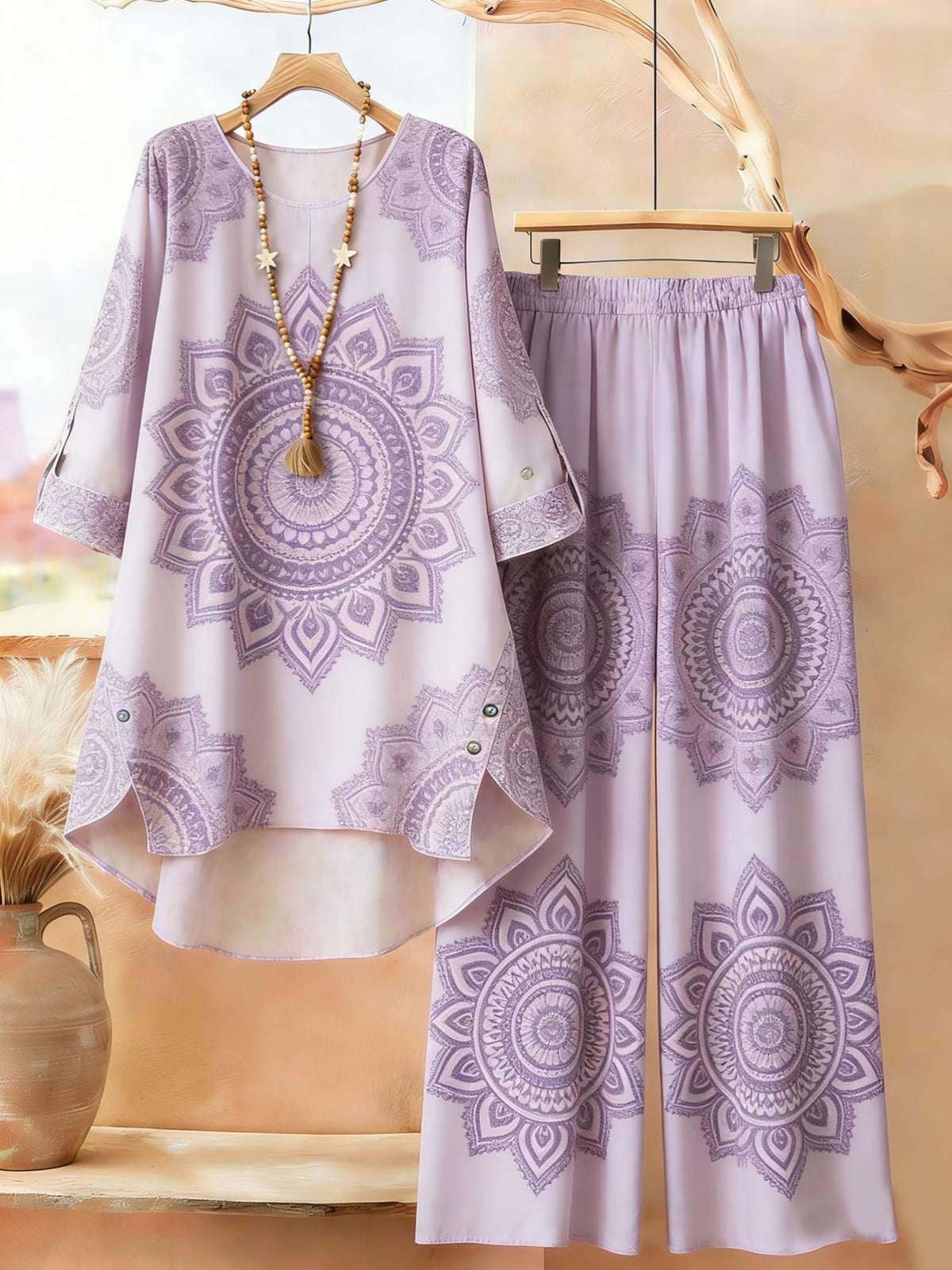 Plus Size Bohemian Printed Co-Ord Set – V-Neck Casual Tunic & Pants Outfit
