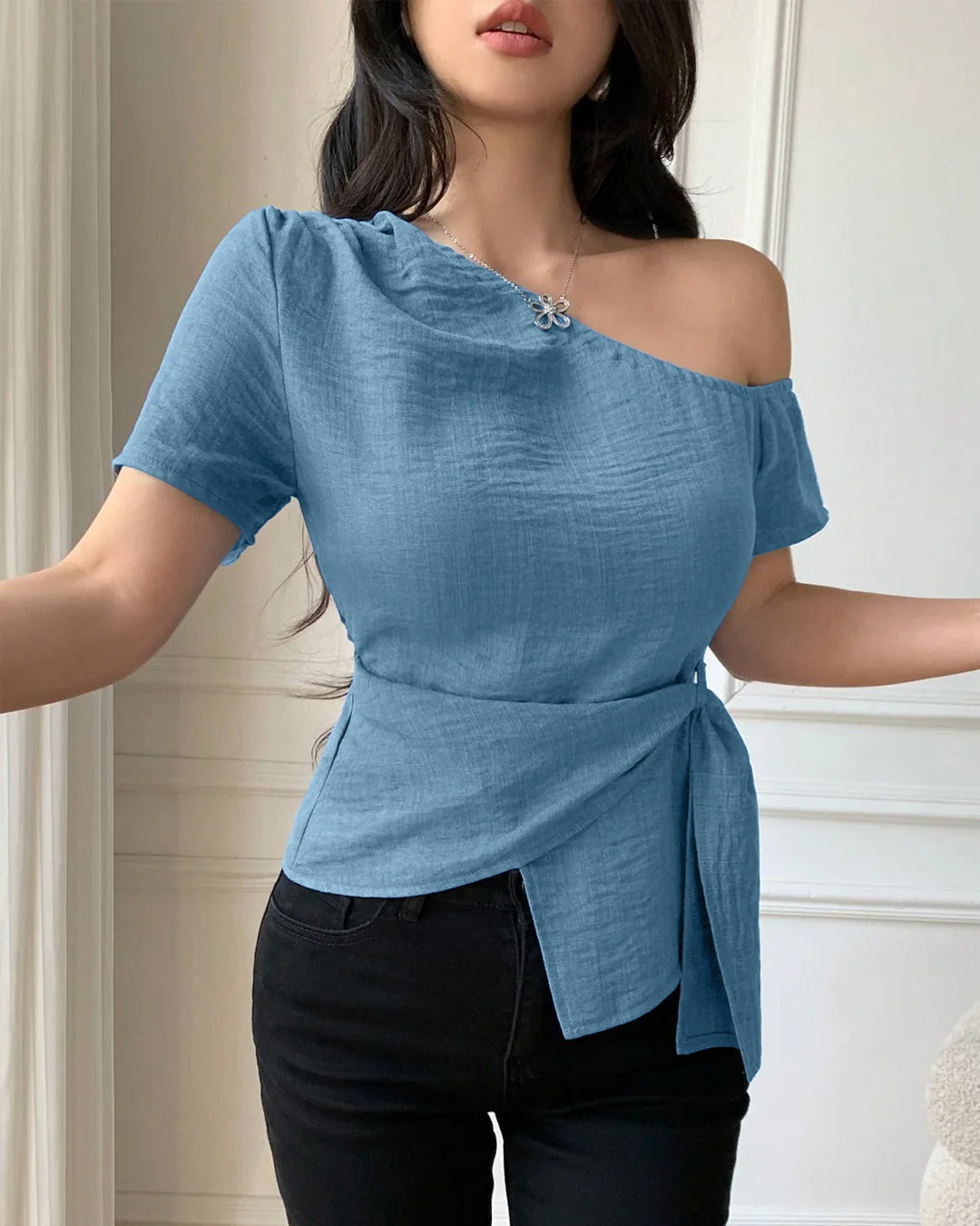Off-Shoulder Fitted Wrap Top in Light Blue