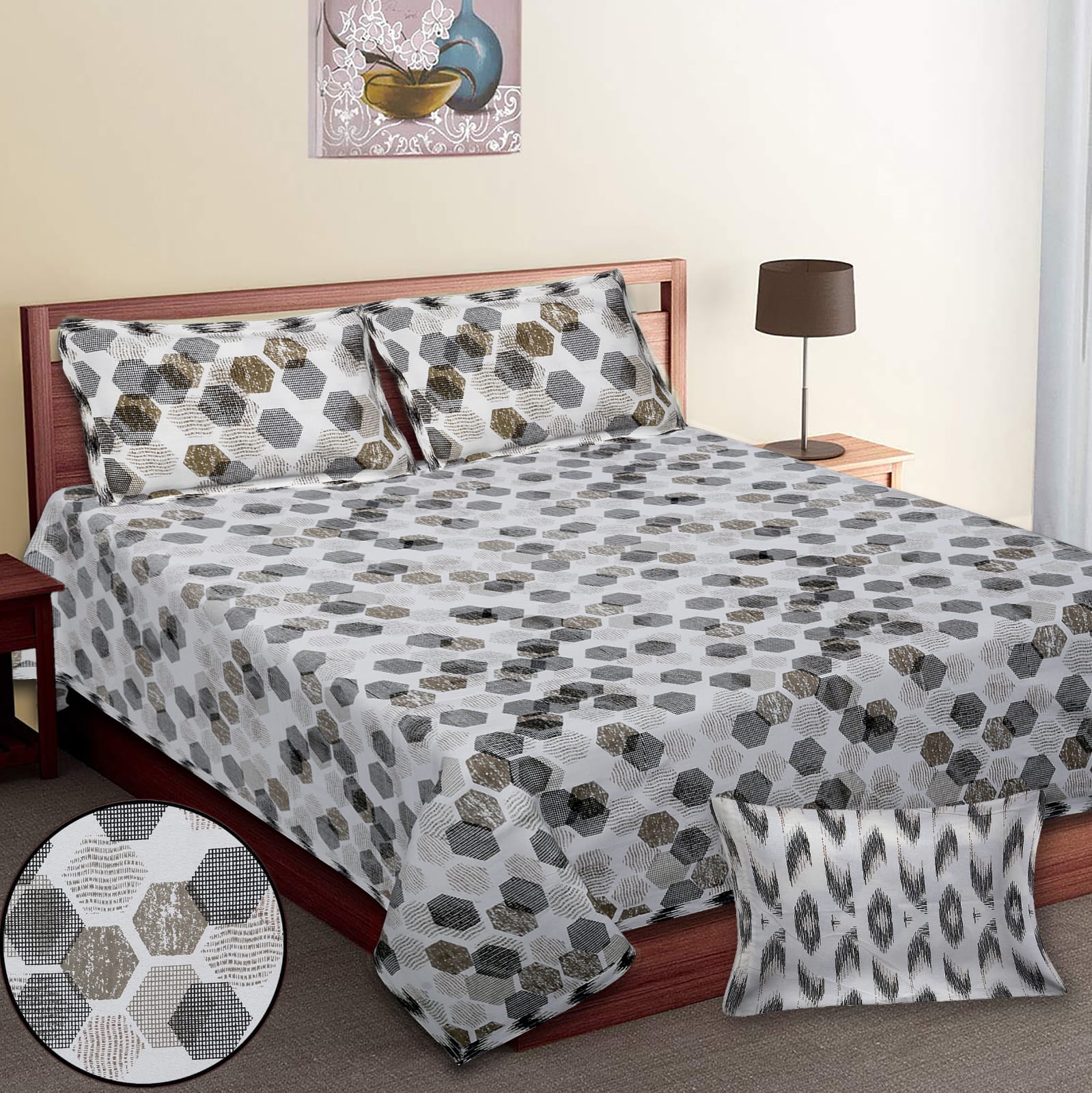 King-Size Bed Sheet Set with 2 Pillow Covers (Cotton Autoloom Fabric)