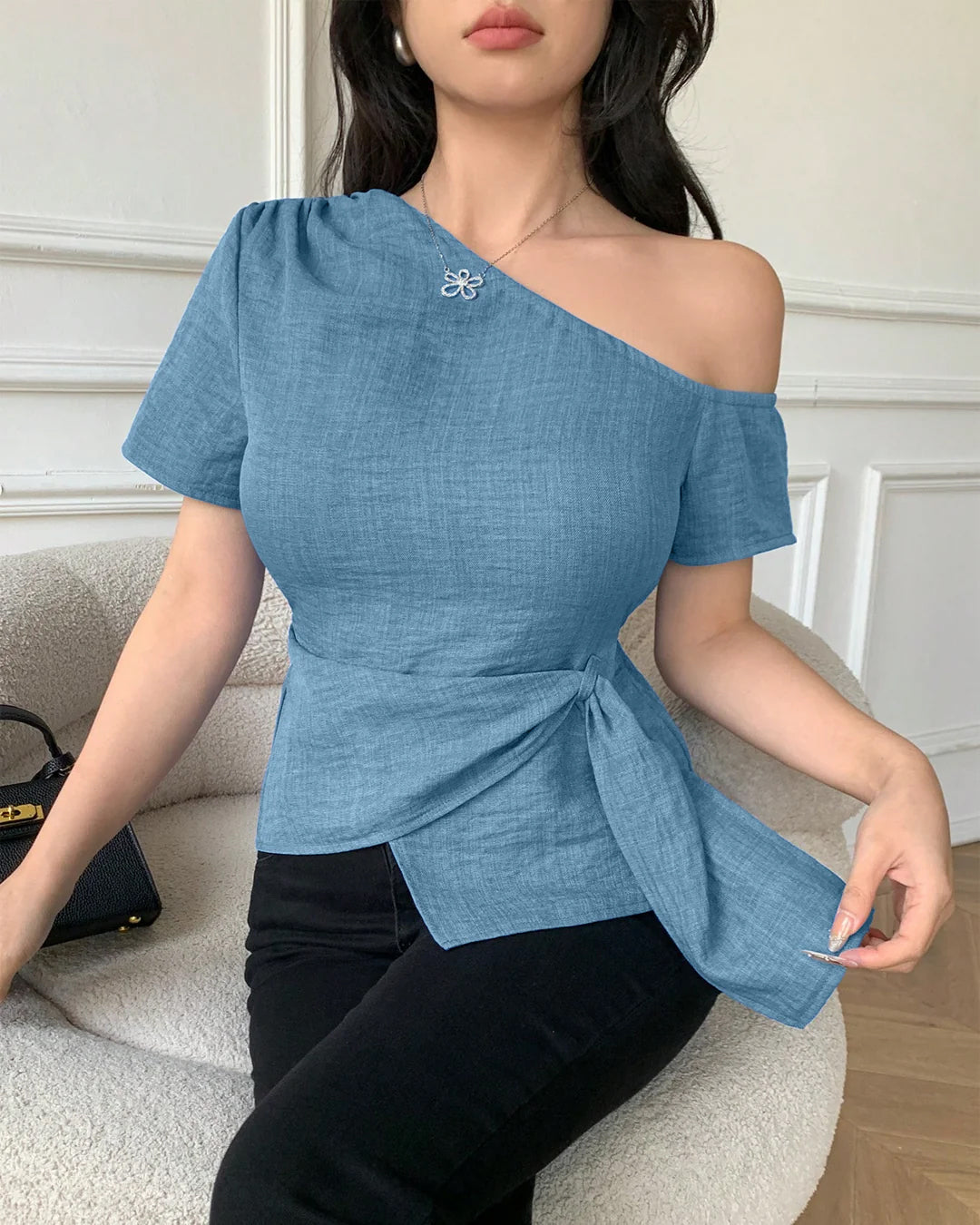 Off-Shoulder Fitted Wrap Top in Light Blue