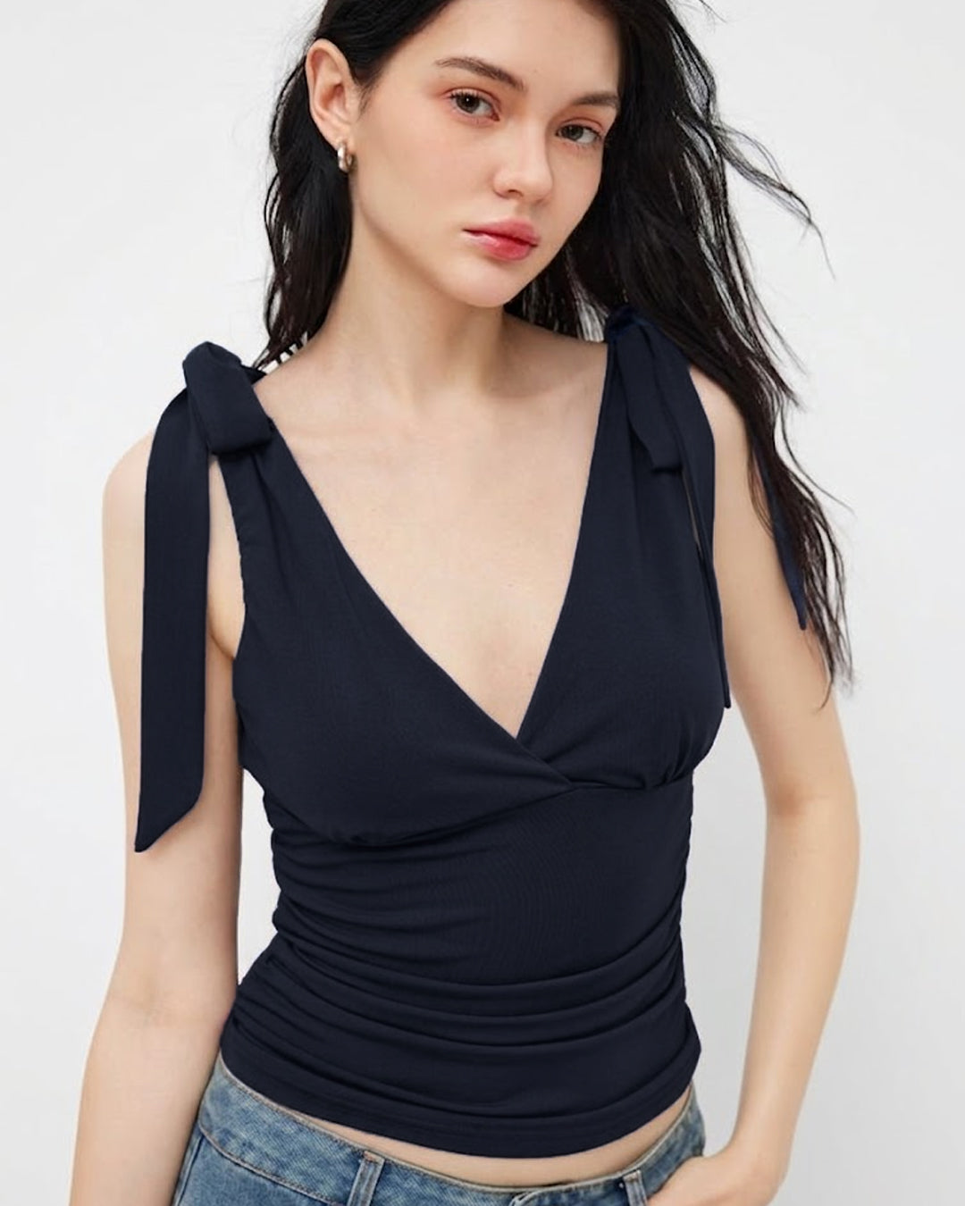 Deep V-Neck Ruched Fitted Top Bow Tie Straps in Dark Navy Blue