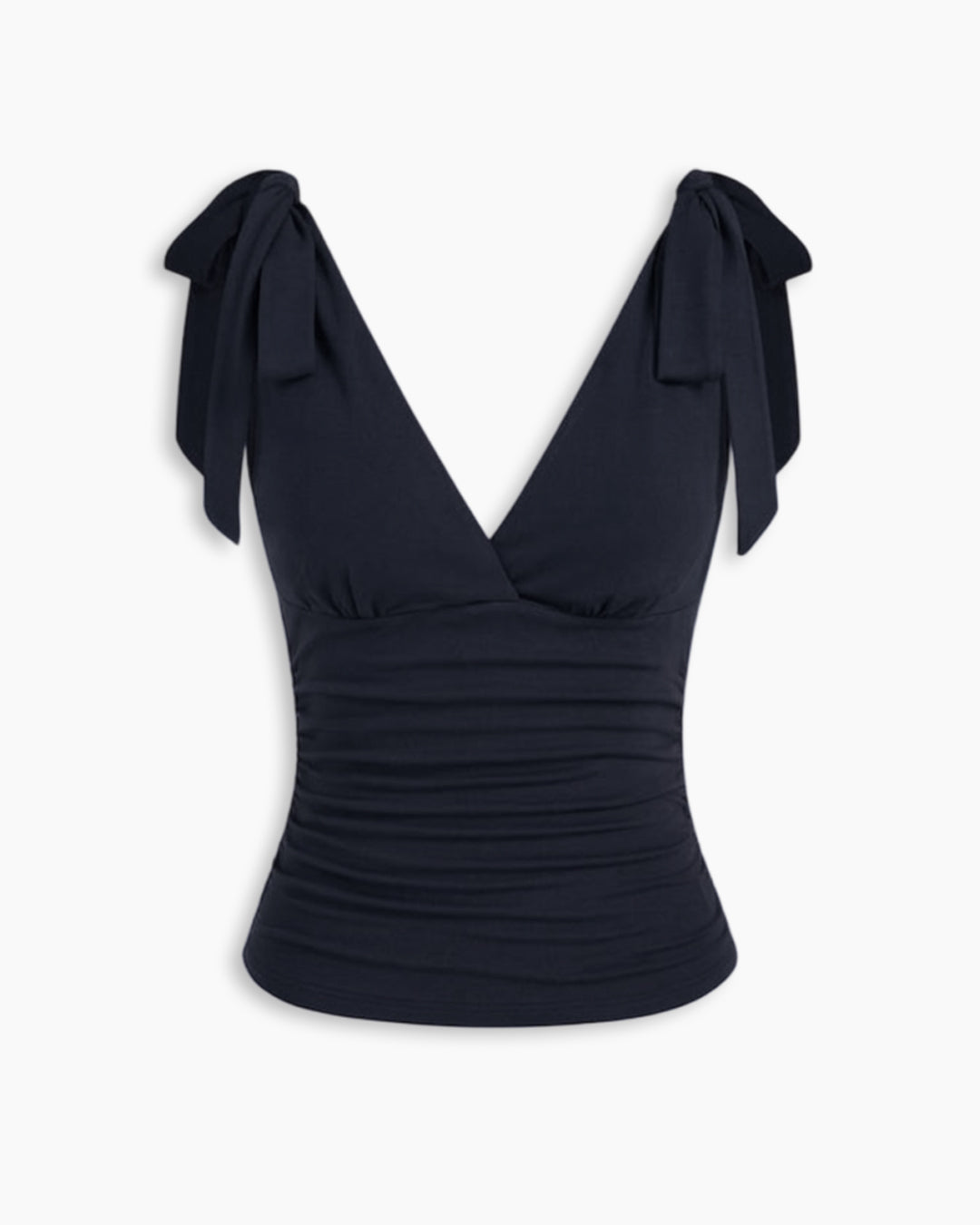 Deep V-Neck Ruched Fitted Top Bow Tie Straps in Dark Navy Blue