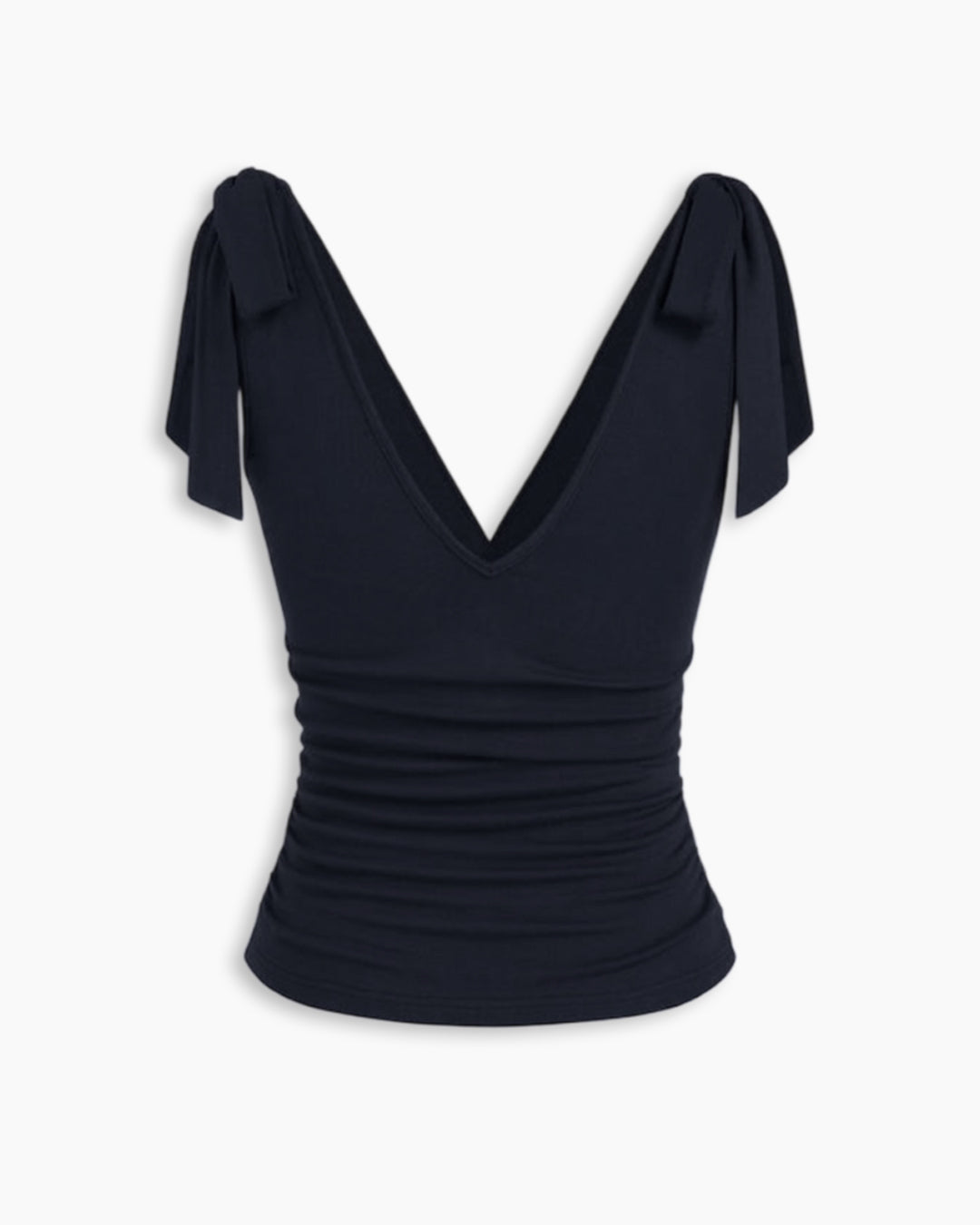 Deep V-Neck Ruched Fitted Top Bow Tie Straps in Dark Navy Blue