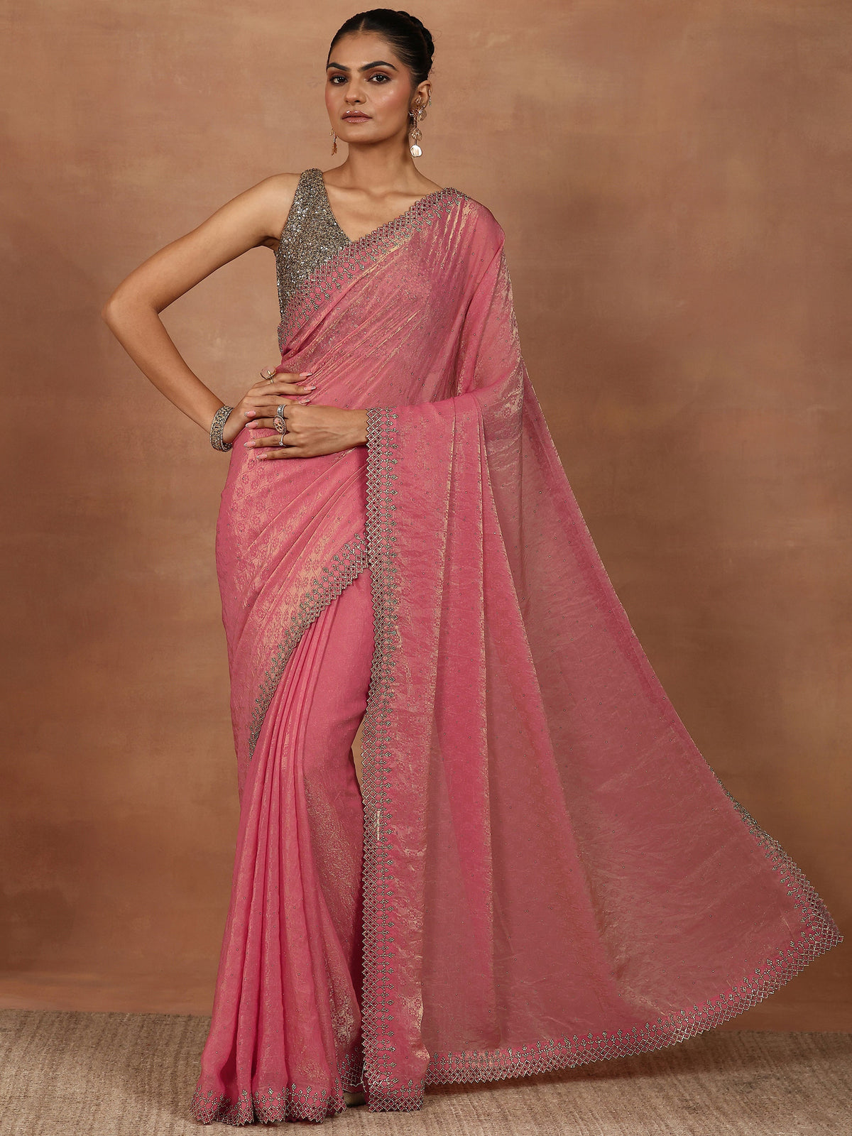 Anouk Coral Embellished Chiffon Sarees With Unstitched Blouse Piece