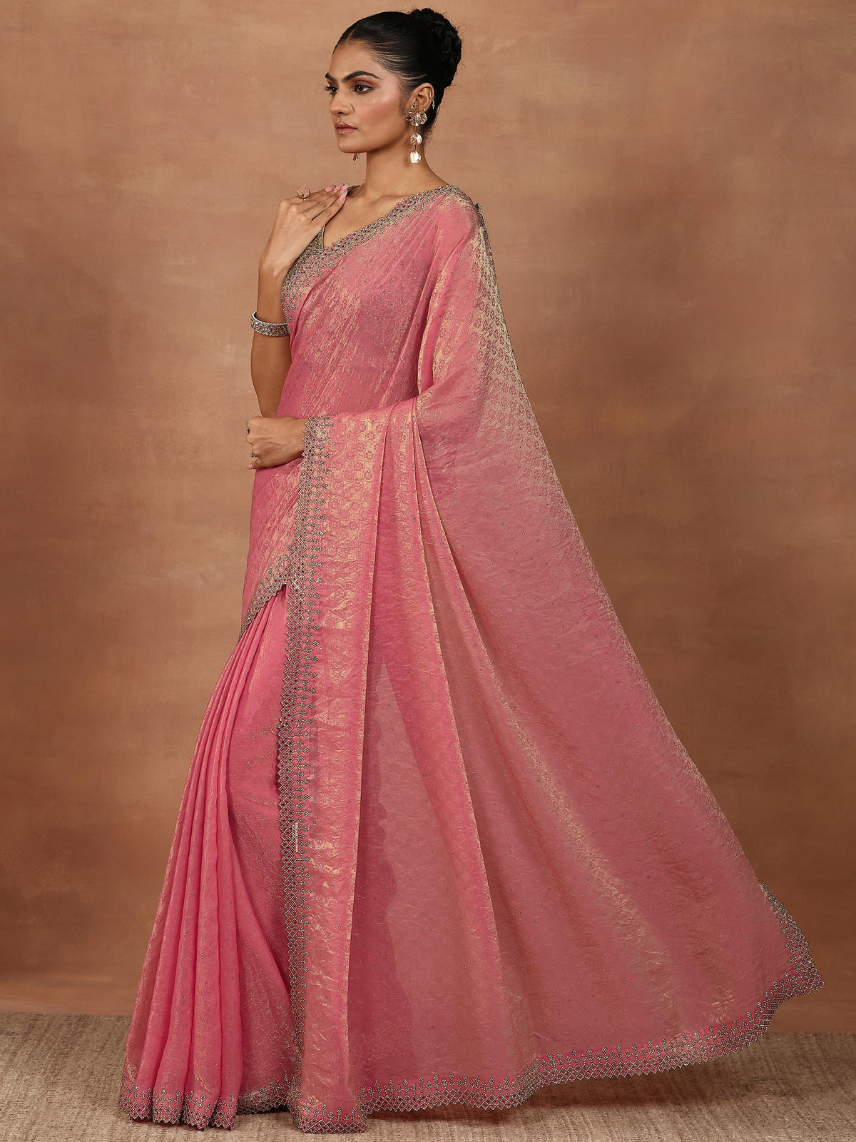 Anouk Coral Embellished Chiffon Sarees With Unstitched Blouse Piece