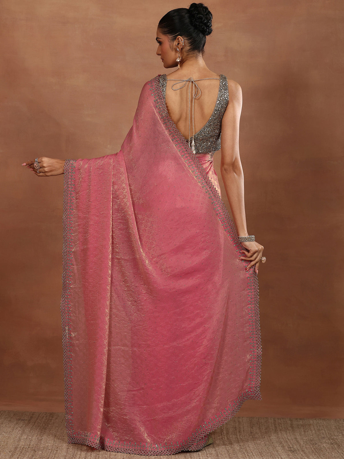 Anouk Coral Embellished Chiffon Sarees With Unstitched Blouse Piece