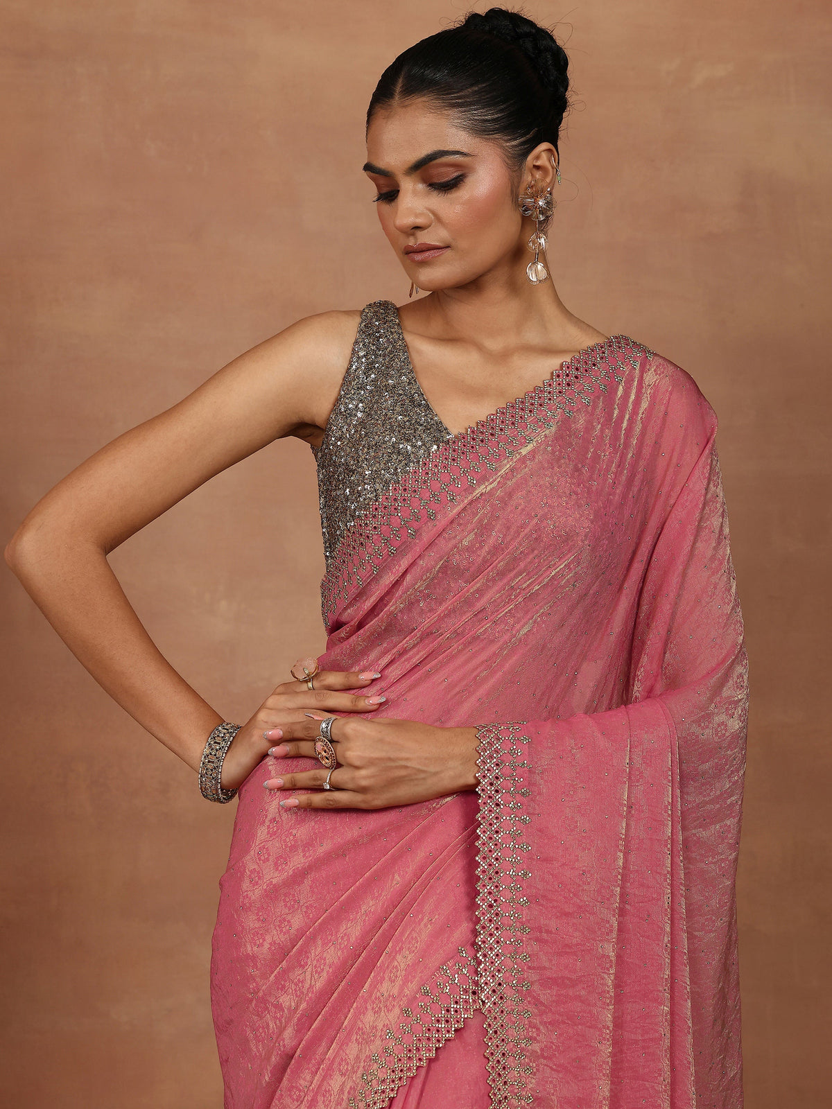 Anouk Coral Embellished Chiffon Sarees With Unstitched Blouse Piece