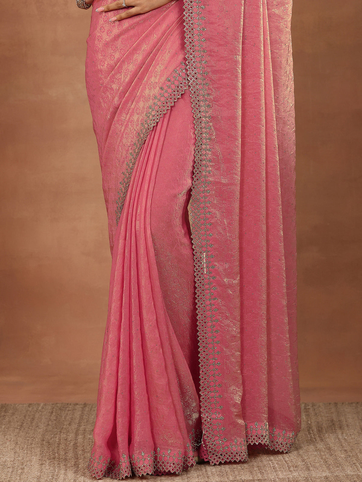 Anouk Coral Embellished Chiffon Sarees With Unstitched Blouse Piece