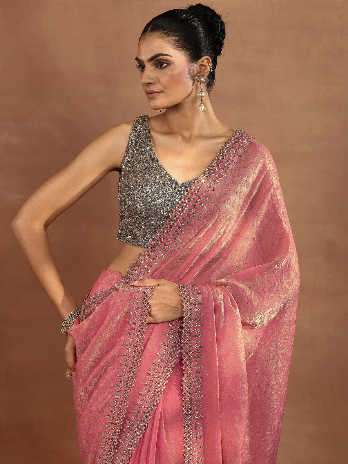 Anouk Coral Embellished Chiffon Sarees With Unstitched Blouse Piece
