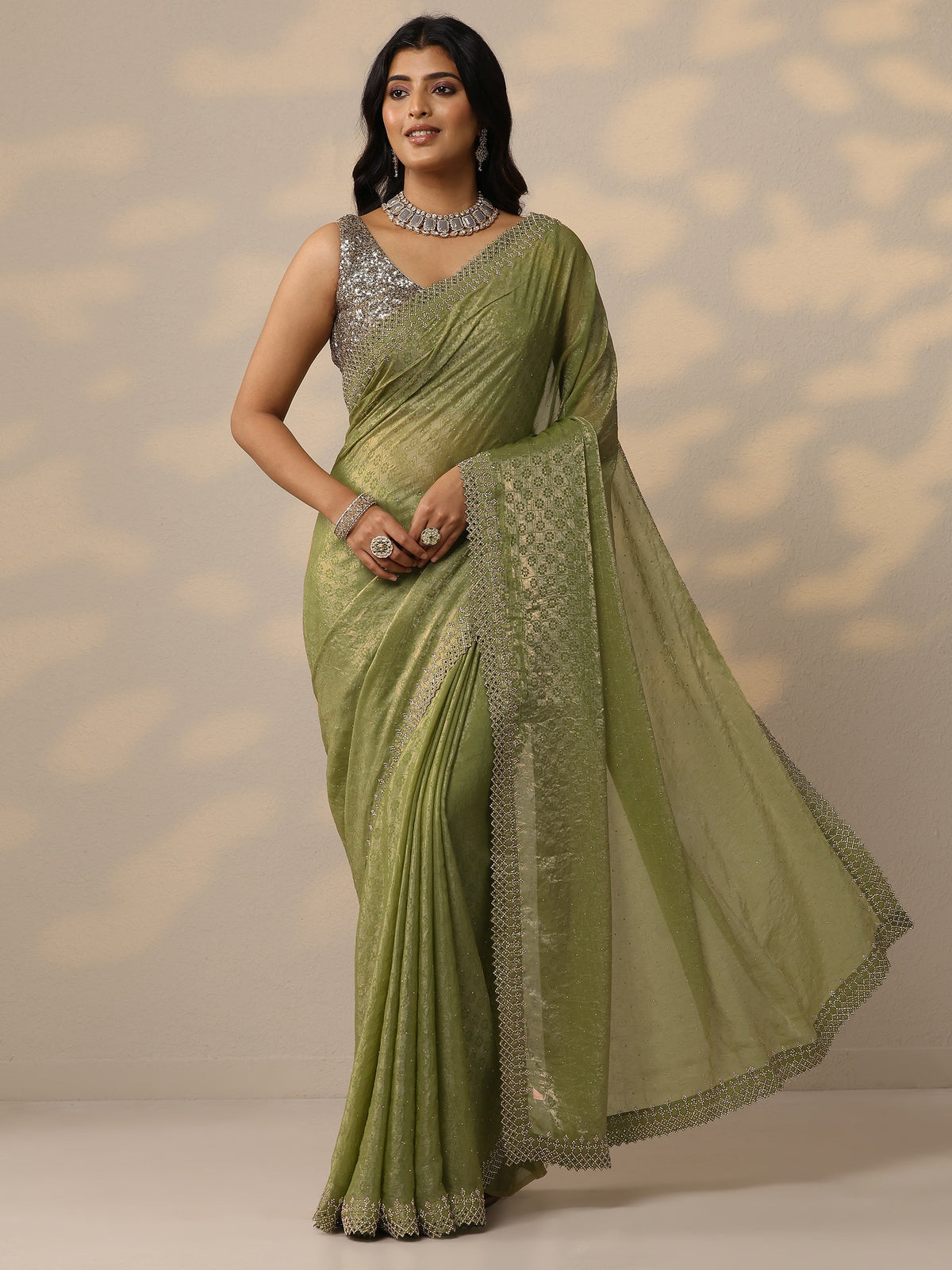 Anouk Green Embellished Chiffon Sarees With Unstitched Blouse Piece