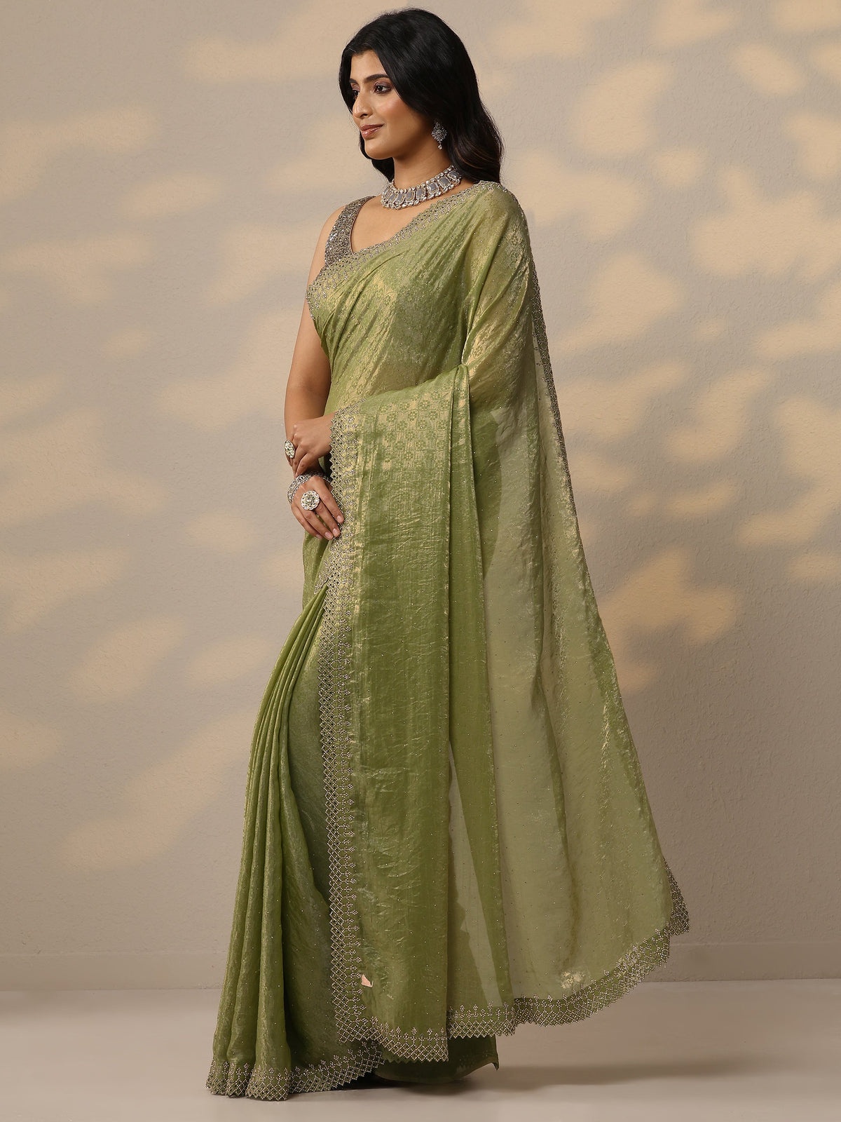 Anouk Green Embellished Chiffon Sarees With Unstitched Blouse Piece