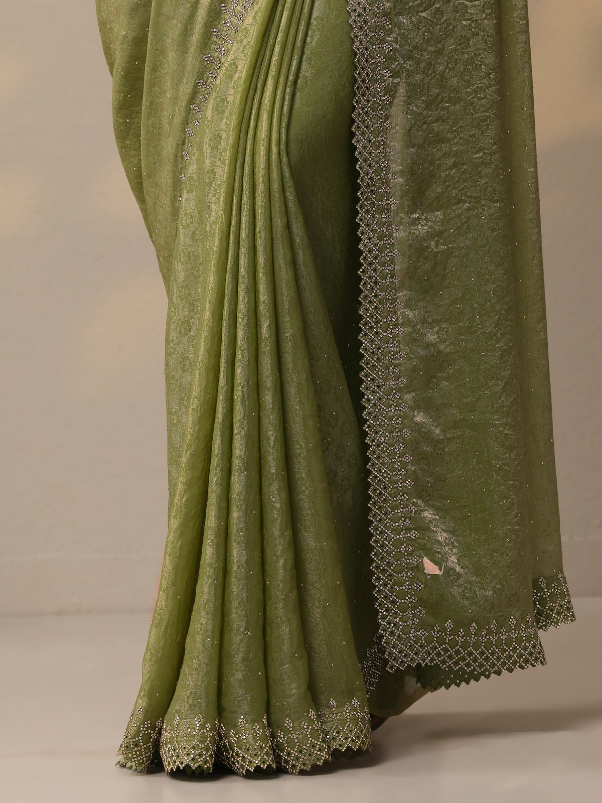 Anouk Green Embellished Chiffon Sarees With Unstitched Blouse Piece