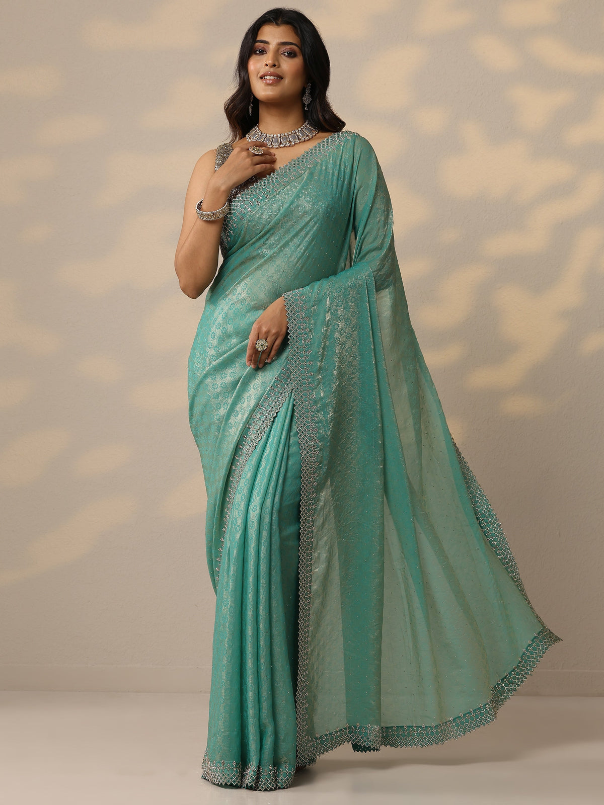 Anouk Green Embellished Chiffon Sarees With Unstitched Blouse Piece