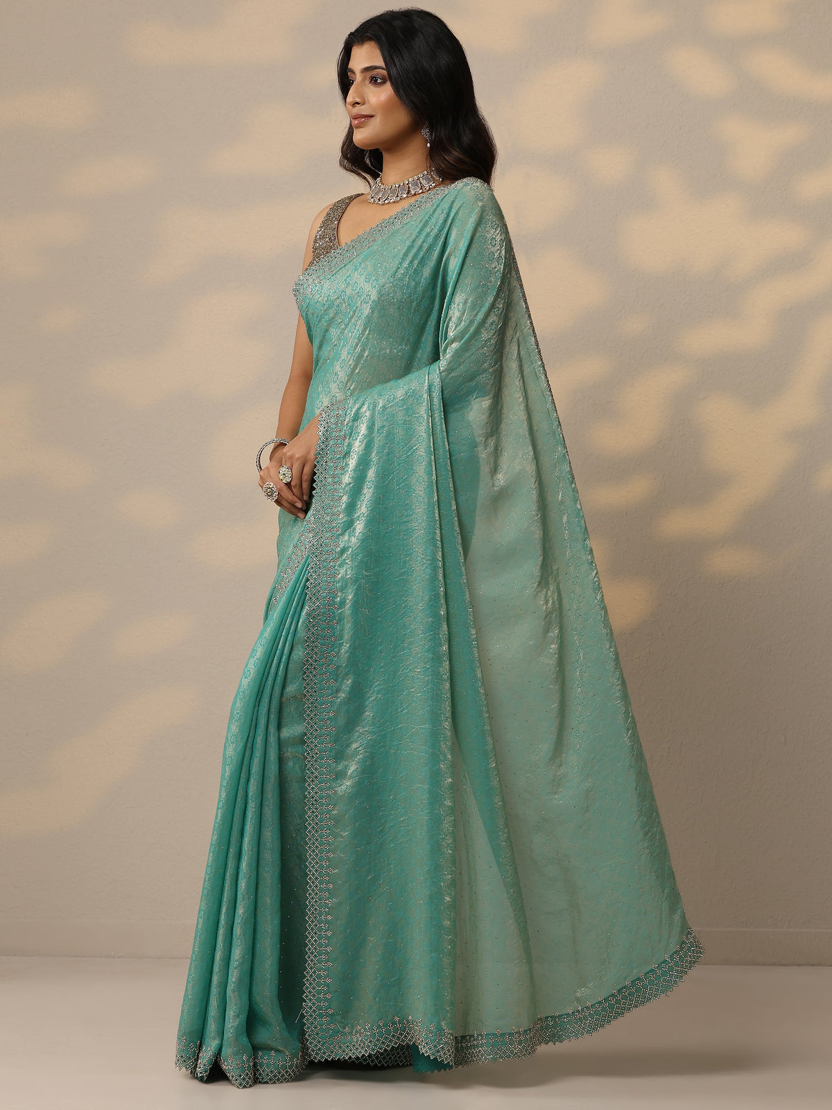 Anouk Green Embellished Chiffon Sarees With Unstitched Blouse Piece