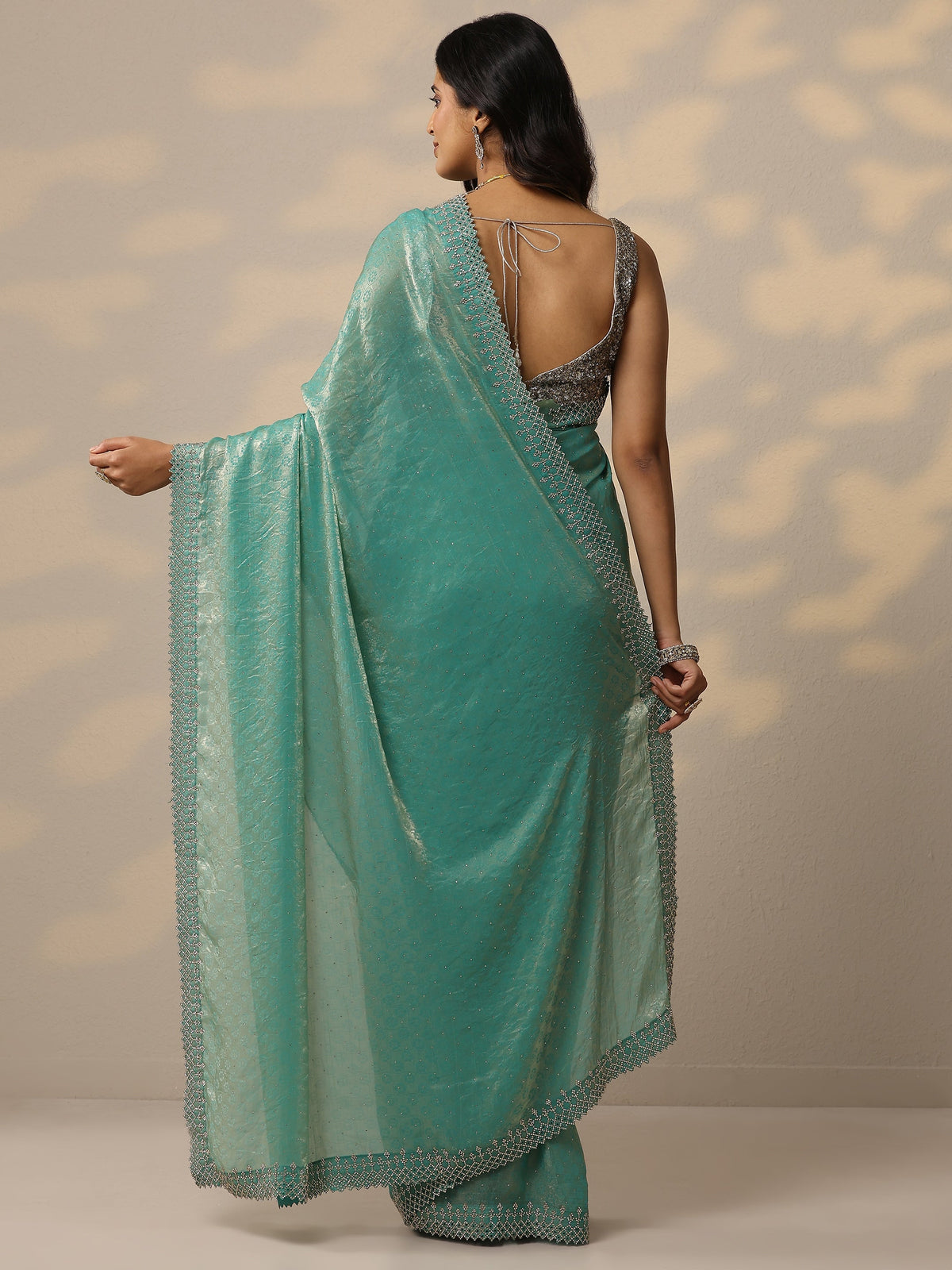Anouk Green Embellished Chiffon Sarees With Unstitched Blouse Piece