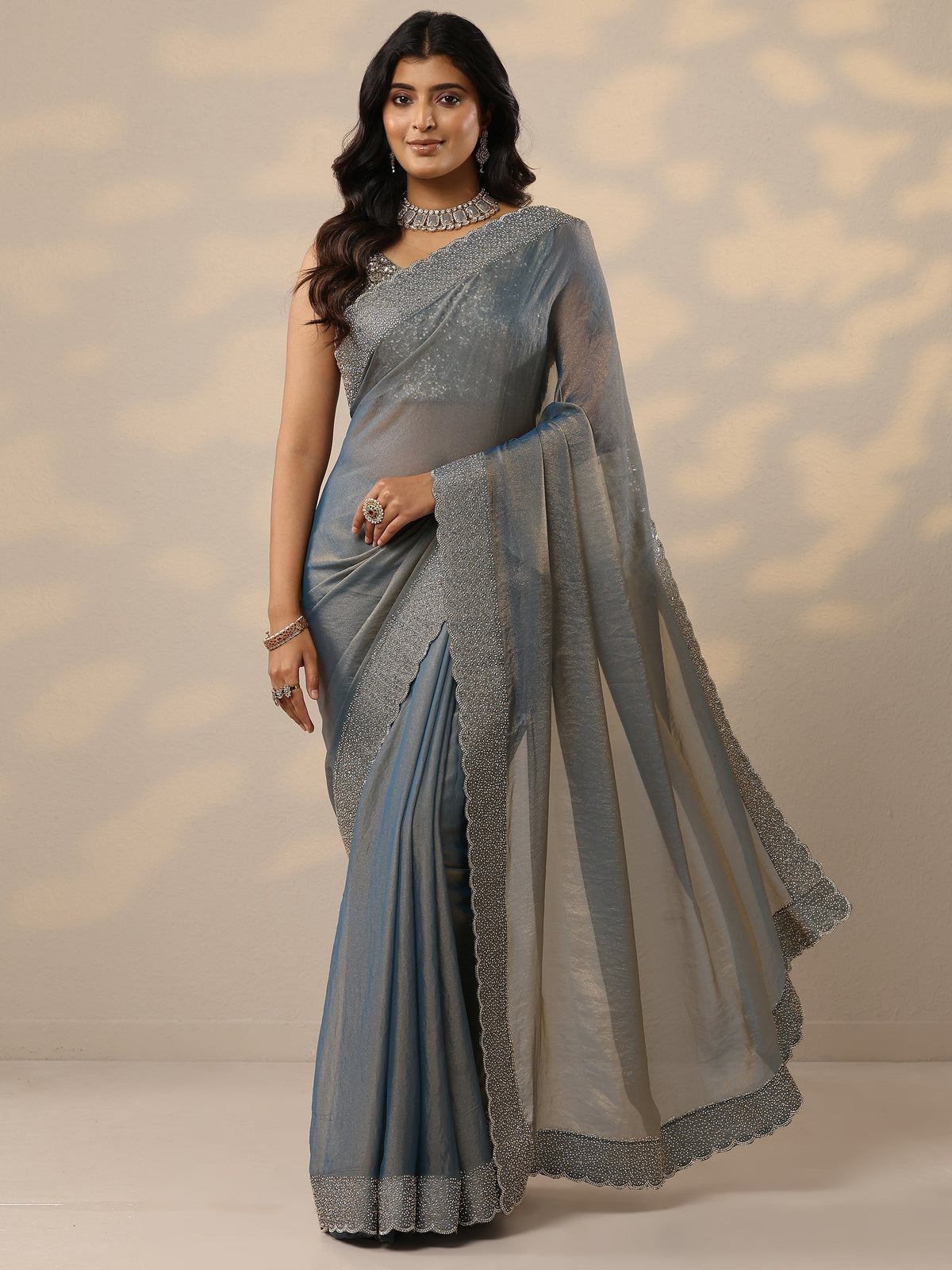 Anouk Blue Embellished Organza Sarees With Unstitched Blouse Piece